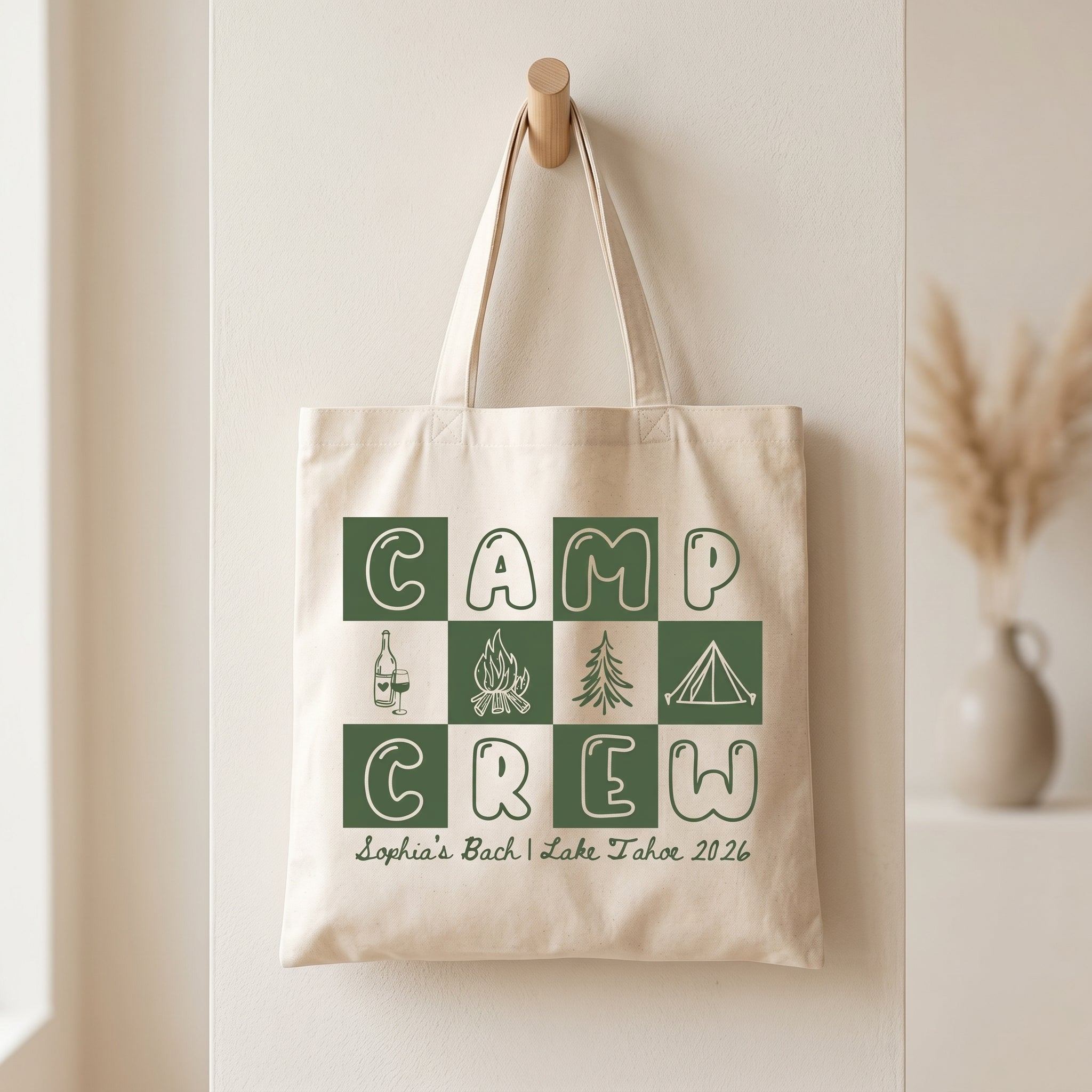 Camp Bach Crew Lake Tahoe Bachelorette Party Favors Tote Bag For Bridesmaids Bridal Squad Retro 90s Preppy Glamping Aesthetic Custom Off-White Canvas Reusable Bag Cabin Trip Goodie Bags Last Trail Gifts