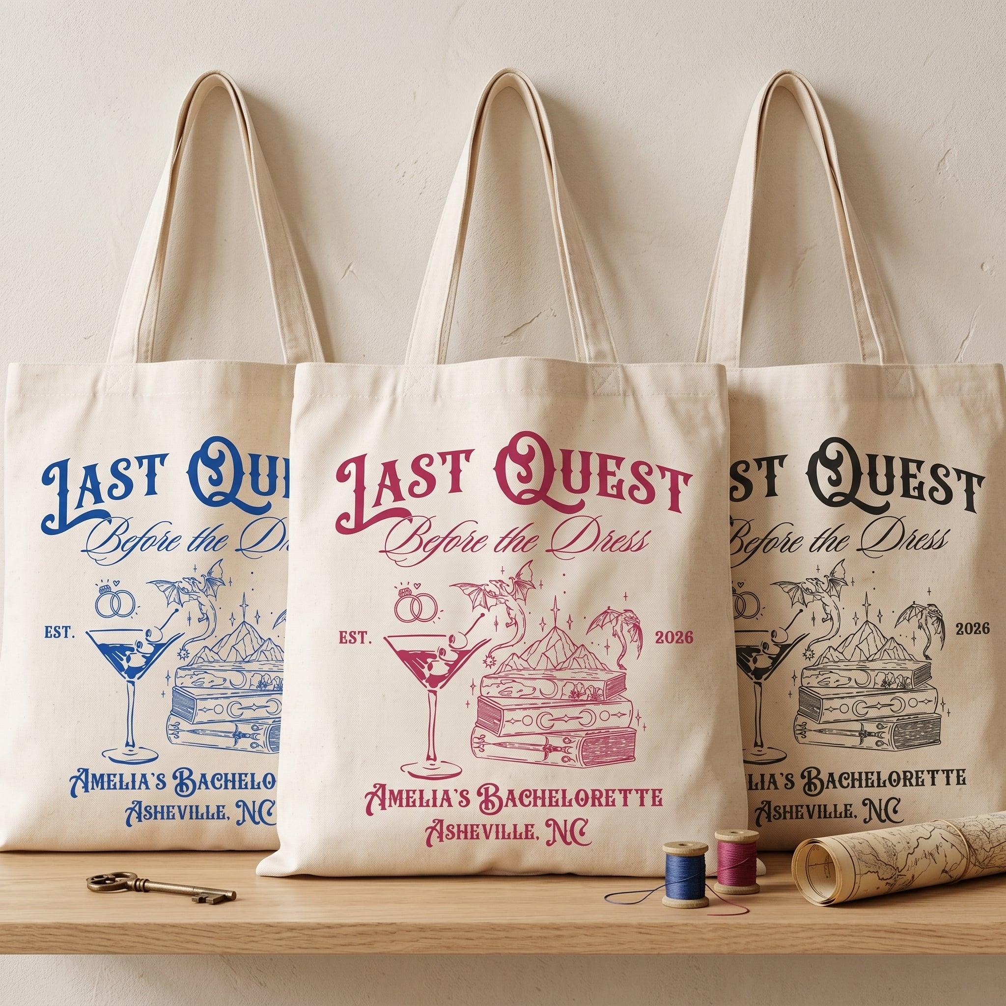 Last Quest Before The Dress Tote Bag For Bride And Bridesmaids Bachelorette Squad Gift Fantasy Rpg Medieval Renaissance Faire Bookish Aesthetic Natural Canvas Custom Dnd Party Favor Goodie Bag Hangover Kit Reusable