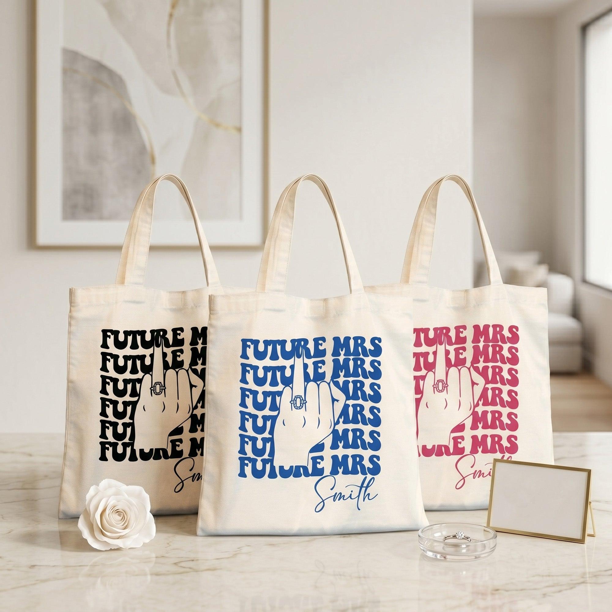 Personalized Future Mrs Engagement Party Favor Canvas Tote Bag For Bride To Be Groovy 70s Retro Aesthetic Natural Cotton Custom Bachelorette Bridal Party Gifts Girls Trip Bach Club Welcome Bag Ring Finger Design