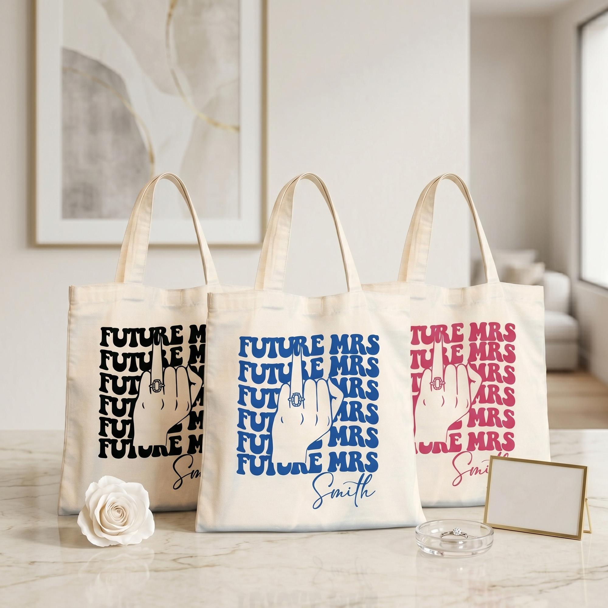 Personalized Future Mrs Engagement Party Favor Canvas Tote Bag For Bride To Be Groovy 70s Retro Aesthetic Natural Cotton Custom Bachelorette Bridal Party Gifts Girls Trip Bach Club Welcome Bag Ring Finger Design