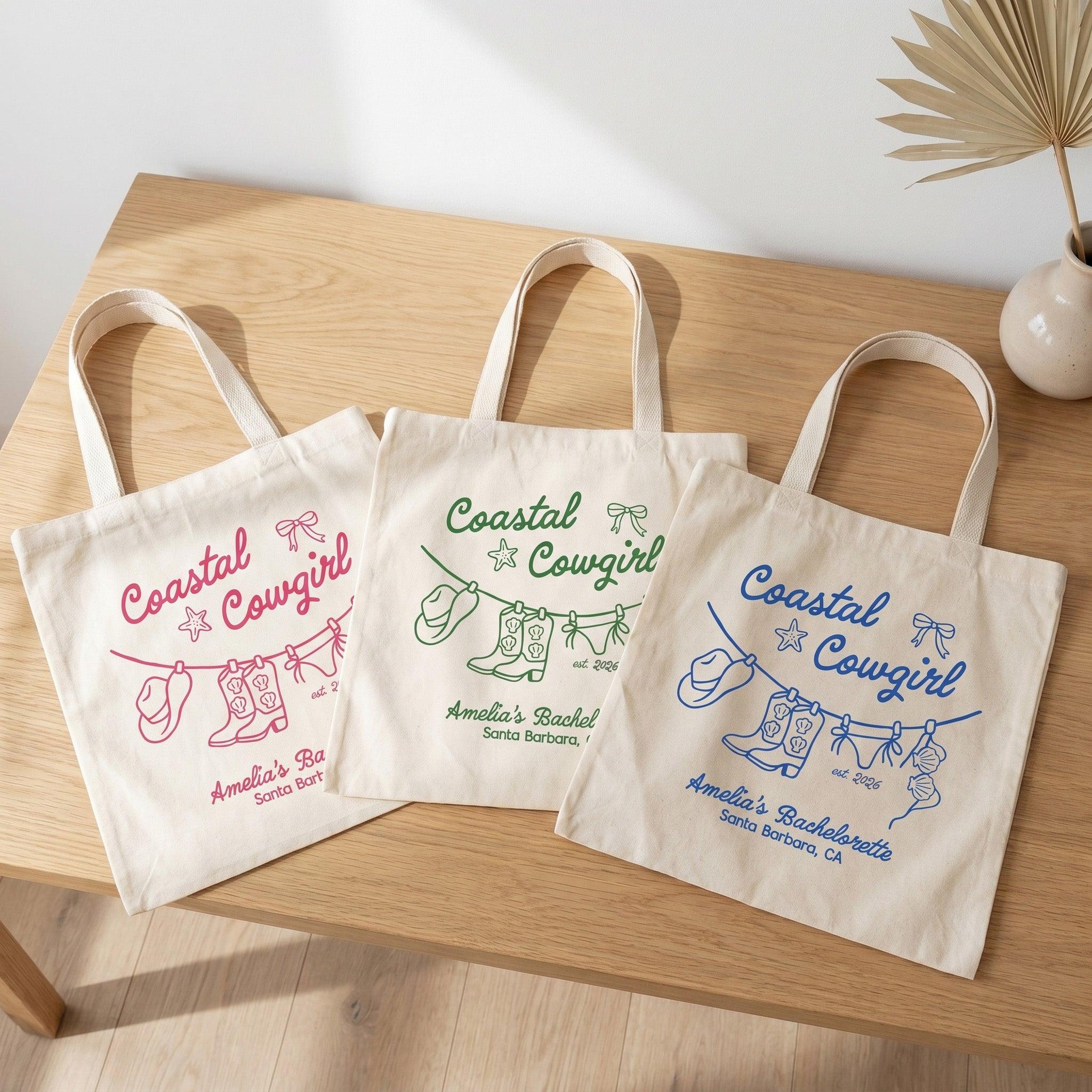 Coastal Cowgirl Bachelorette Canvas Tote Bag For Bridesmaids And Beach Bride Western Preppy Aesthetic Cream Blue Last Toast On The Coast Hangover Kit Gift Bag Custom Bridesmaid Favor Girls Trip Reusable Beach Tote