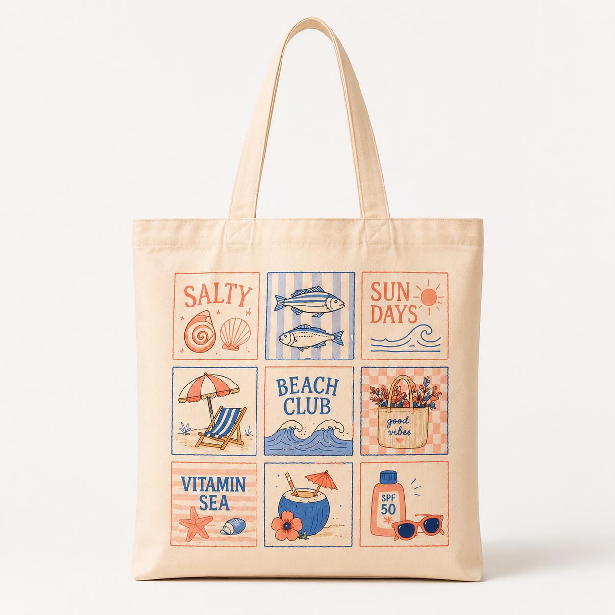 Retro Summer Beach Club Canvas Tote Bag For Women And Teens, Preppy Coastal Coconut Girl Aesthetic Cream Cotton Material Reusable Shoulder Bag, Cute Graphic Print Vitamin Sea Sun Days Good Vibes Large Capacity Travel Vacation Handbag