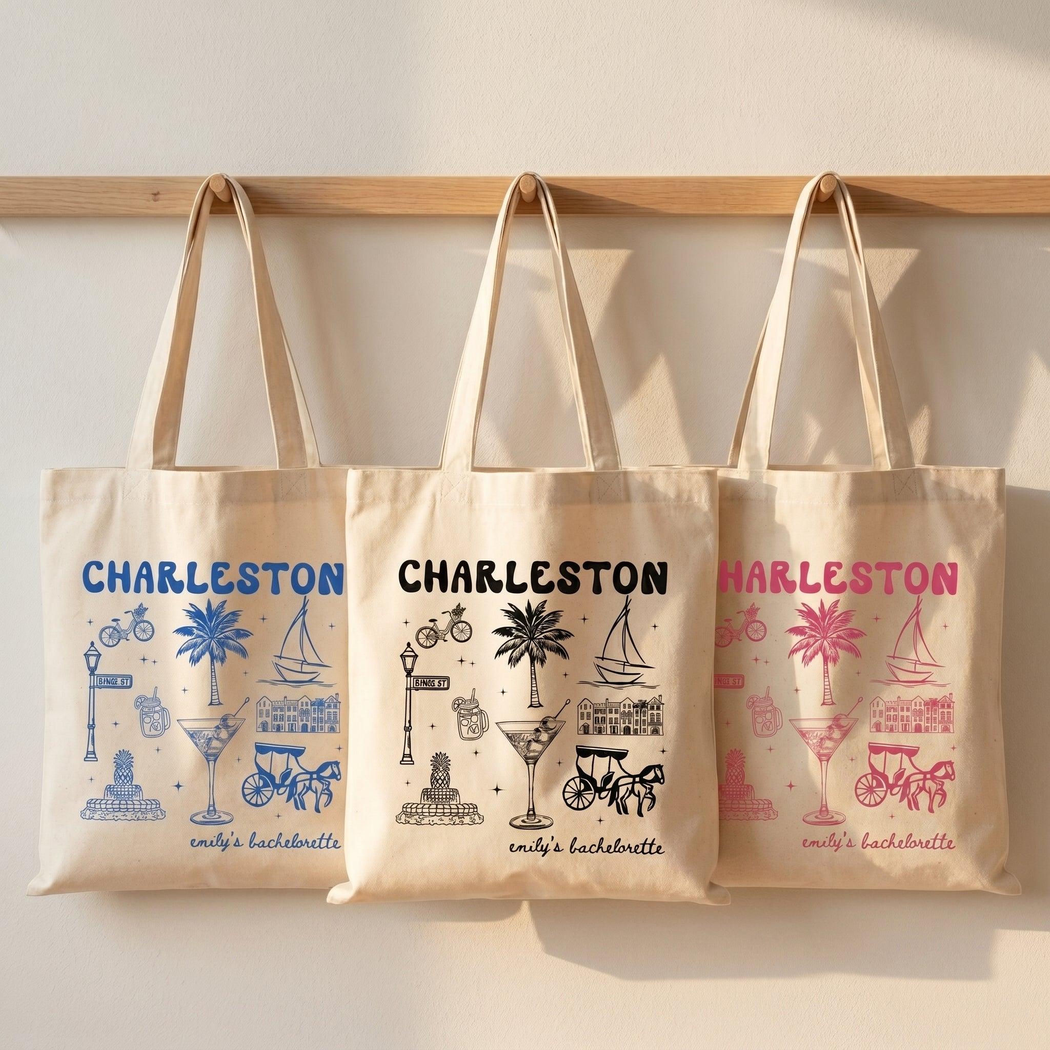 Personalized Charleston Bachelorette Canvas Tote Bag Custom Bridal Party Favor For Bridesmaids Preppy Coastal Southern Charm Hand-Drawn Aesthetic Natural Cotton Destination Wedding Welcome Totes Swag Bag Gift