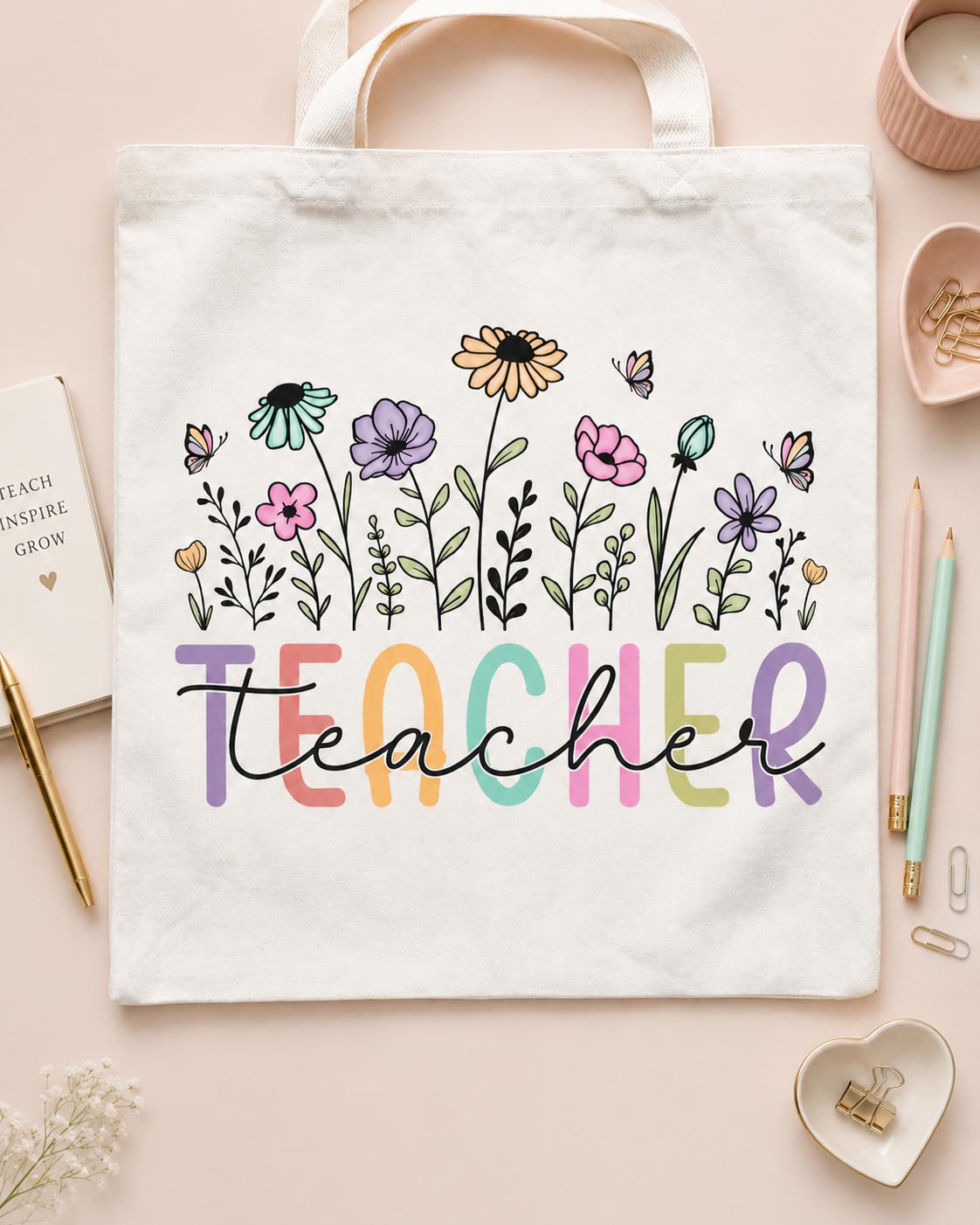 Teacher Floral Tote Bag Reusable Canvas Tote Bag For Teachers Boho Teachercore Pastel Cottagecore Aesthetic Natural Cream Canvas Back To School Book Bag Wildflower Butterfly Graphic Teacher Appreciation Gift