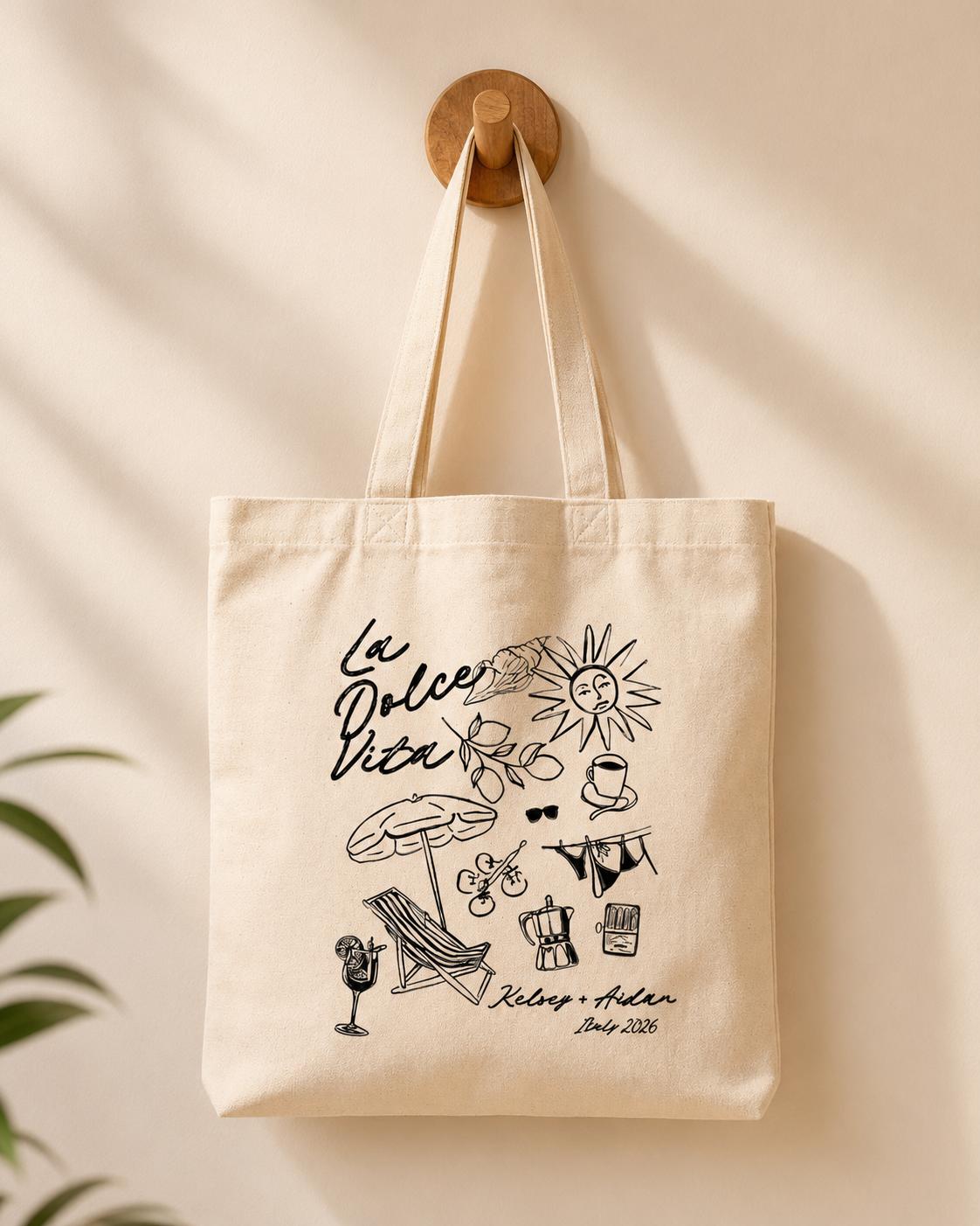 Custom La Dolce Vita Canvas Tote Bag For Brides & Wedding Guests, Italian Summer Tomato Girl Aesthetic, Natural Beige Eco-Friendly Canvas Destination Wedding Welcome Bag, Amalfi Coast Bachelorette Party Favor Beach Tote