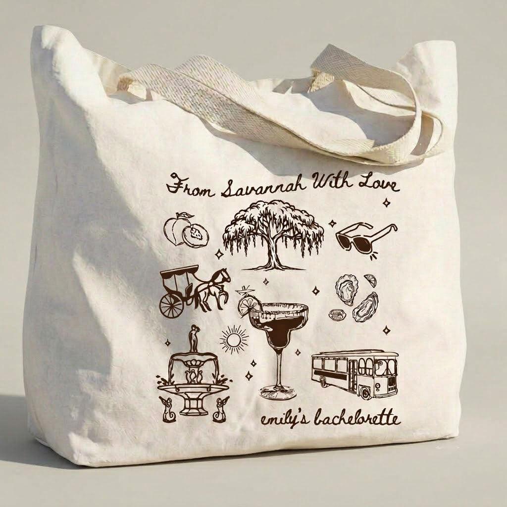 Custom Savannah Bachelorette Girls Trip Favor Canvas Tote Bag Bridesmaids Bridal Party Southern Charm Coastal Preppy Aesthetic Natural Cotton Canvas Reusable Welcome Gift Bag Weeping Willow Peach Print Weekend Getaway Hangover Kit