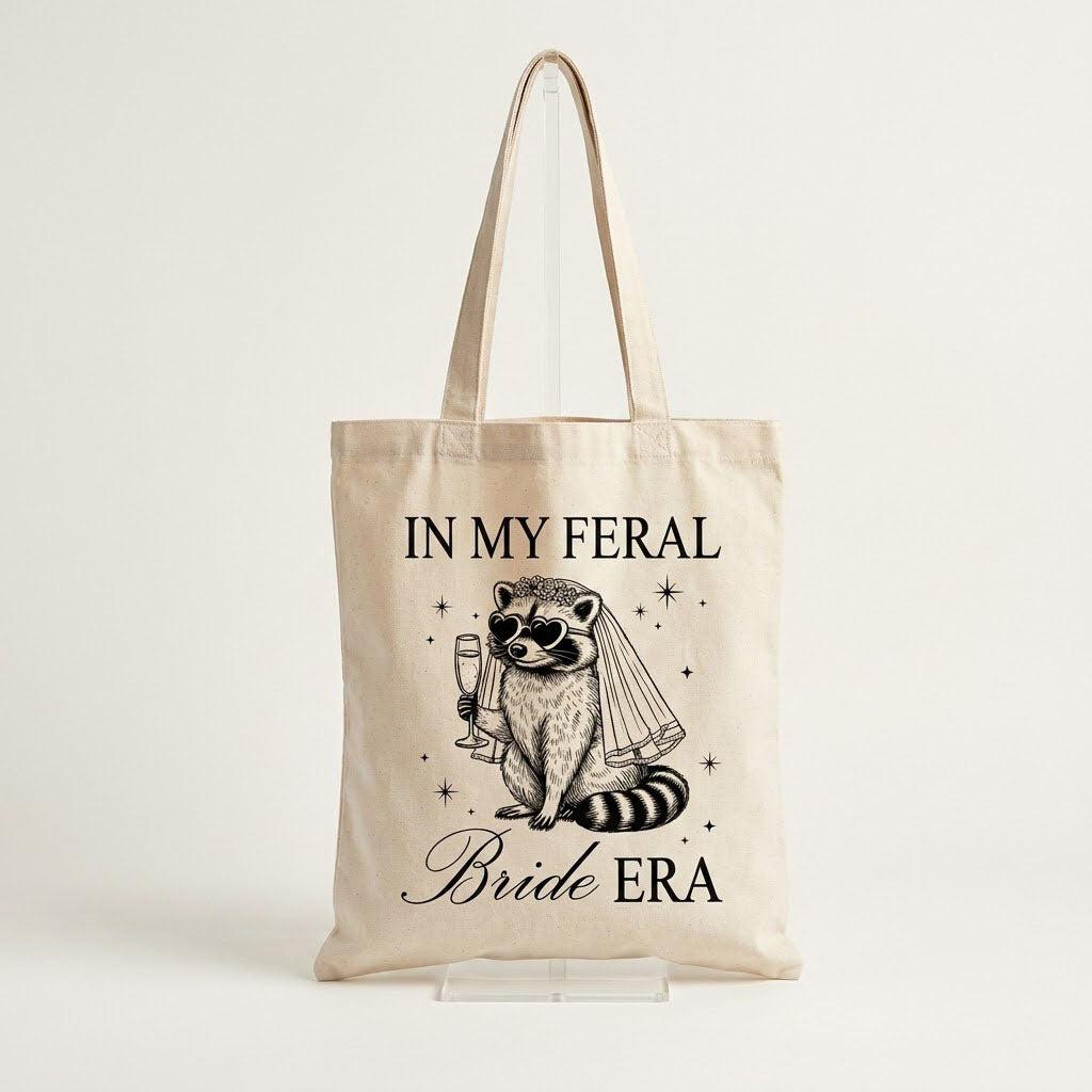 Custom In My Feral Bride Era Raccoon Canvas Tote Bag For Bride And Bridesmaids Funny Retro Y2k Gen Z Meme Aesthetic Bridal Shower Gift Bachelorette Party Favor Engagement Wedding Planning Reusable Grocery Shoulder Bag