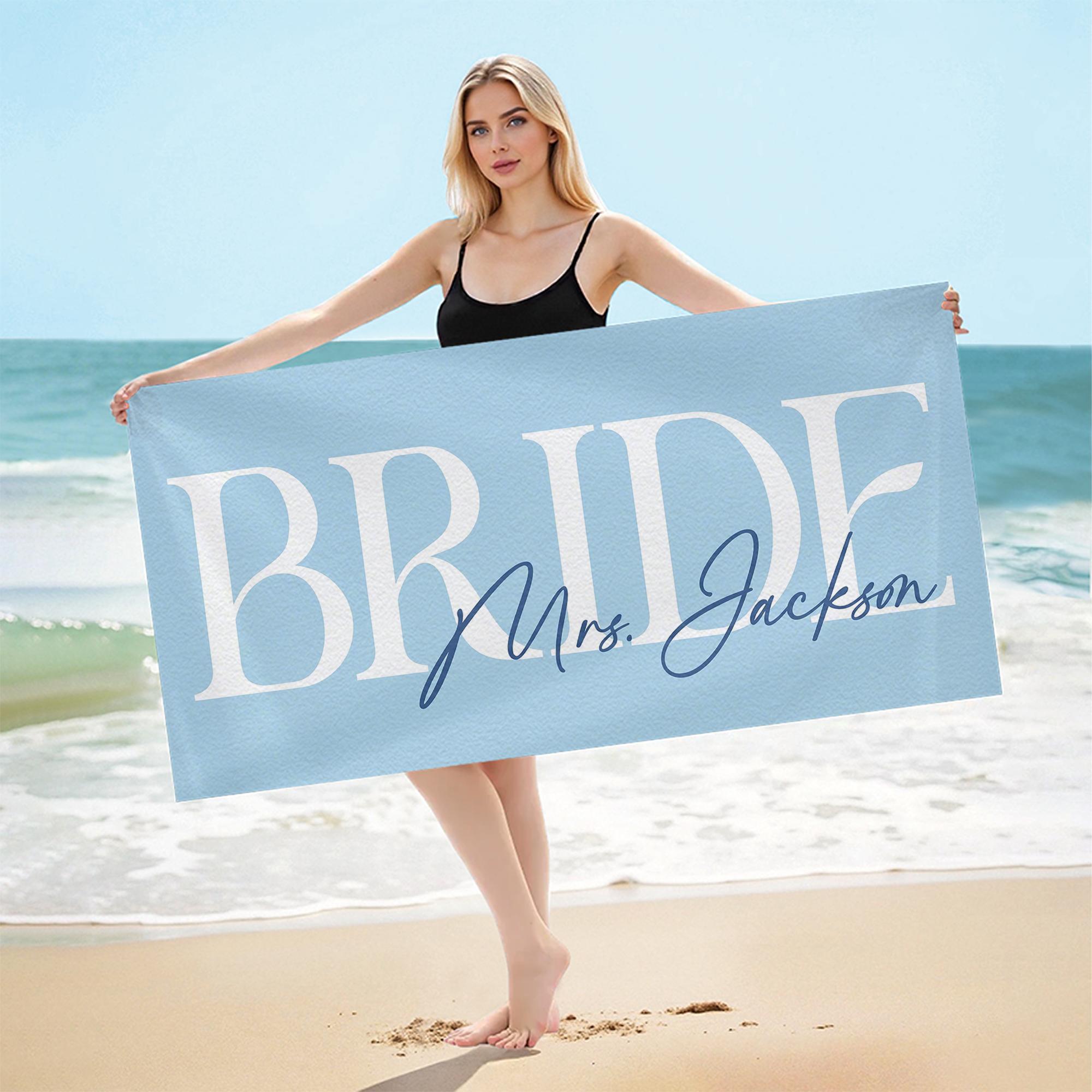 Personalized Bride Beach Towels Custom Name Pool Towel For Women Brides Coastal Preppy Chic Aesthetic Light Blue Sand Free Microfiber Honeymoon Bachelorette Trip Bridal Shower Gift Summer Vacation Beach Holiday Summervibes Essentials