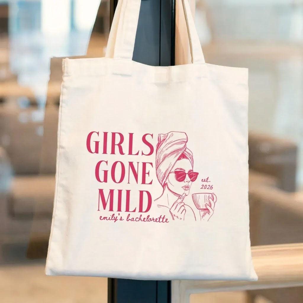 Custom Girls Gone Mild Bachelorette Party Favor Tote Bag For Bridesmaids Preppy Spa Weekend Aesthetic Heavy Cotton Canvas Reusable Goodie Bag Personalized Bridal Shower Gift Pjs And Prosecco Wellness Theme