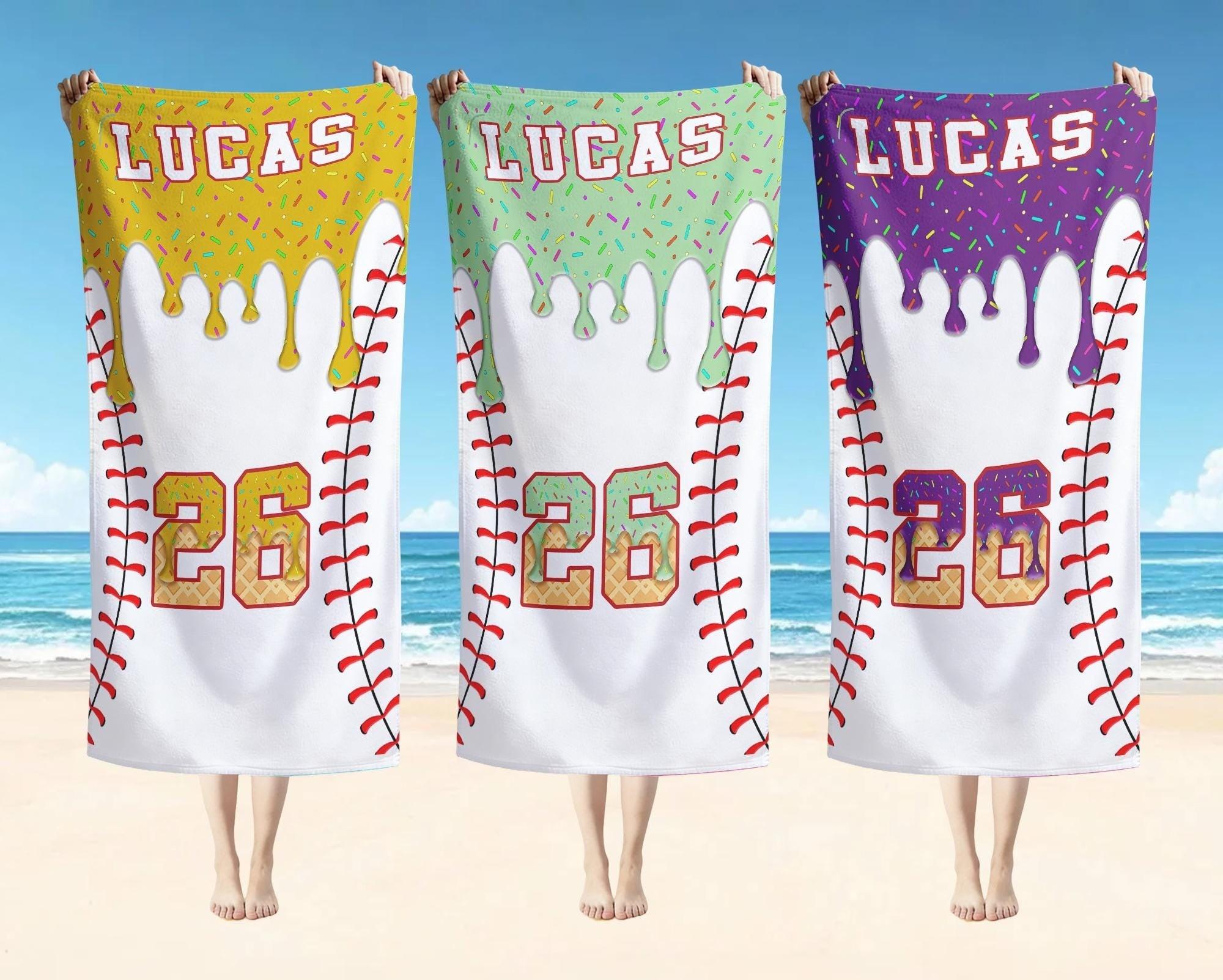 Personalized Custom Baseball Drip Beach Matching Towel For Kids Boys Sports Fans Summervibes Aesthetic Ice Cream Sprinkles Pattern Quick Dry Microfiber Pool Bath Towel Custom Name Number Baseball Player Gifts Summer Holiday Vacation