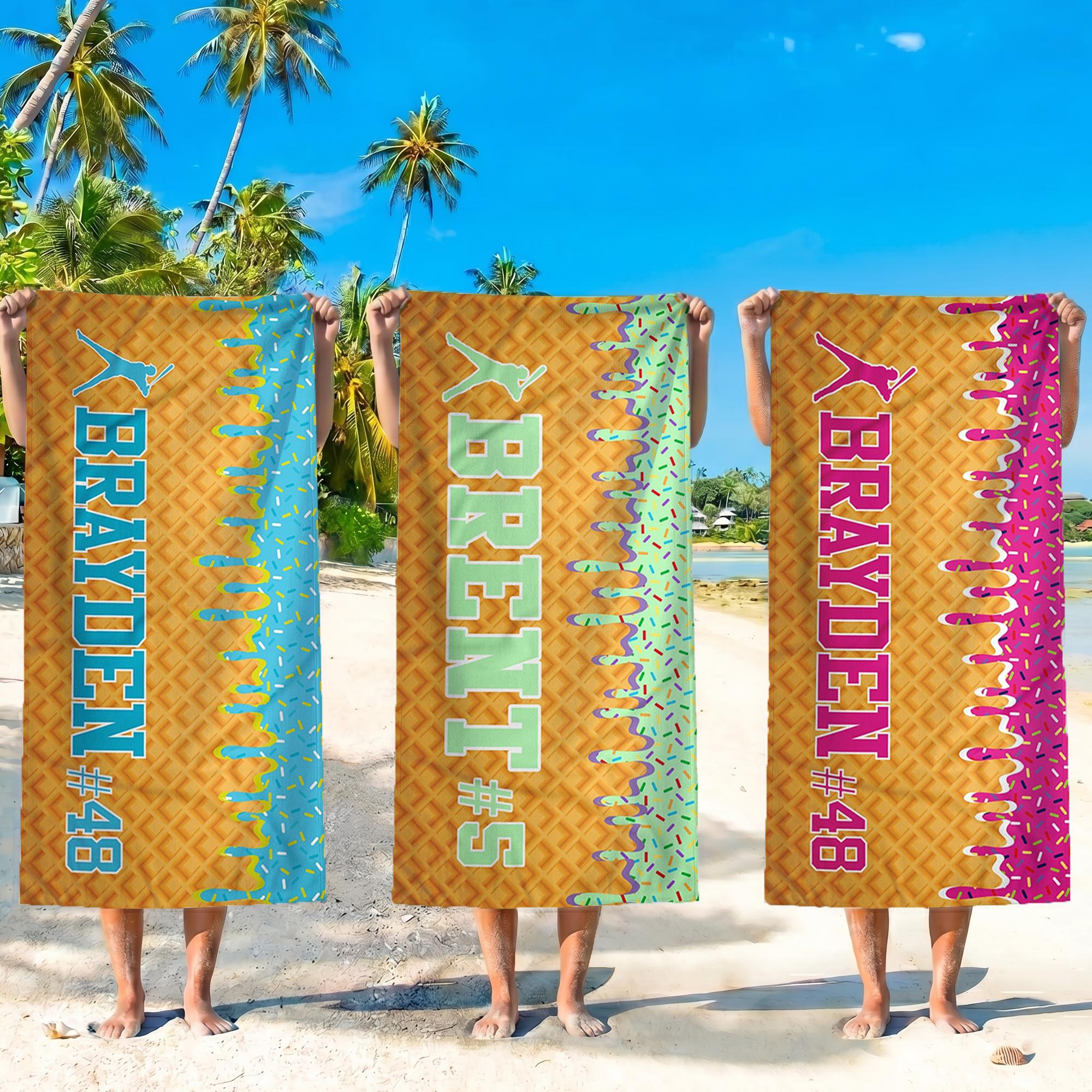 Custom Personalized Ice Cream Drip Baseball Beach Matching Towel For Boys Youth Fun Aesthetic Pink Waffle Cone Pool Towel Microfiber Sports Team Gift With Custom Kid Name Number Print Summervibes Vacation Summerwins Beach Holiday Gifts