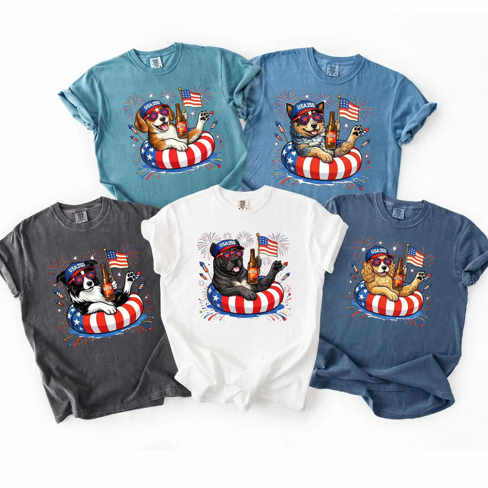 Women'S Round Neck Short-Sleeve Streetwear T-Shirt - Personalized Funny Patriotic Dog Breed 4th Of July Usa Flag Fireworks Graphic, Retro Americana Aesthetic, Garment-Dyed Cotton, 250th Anniversary Casual Tops For Dog Lovers