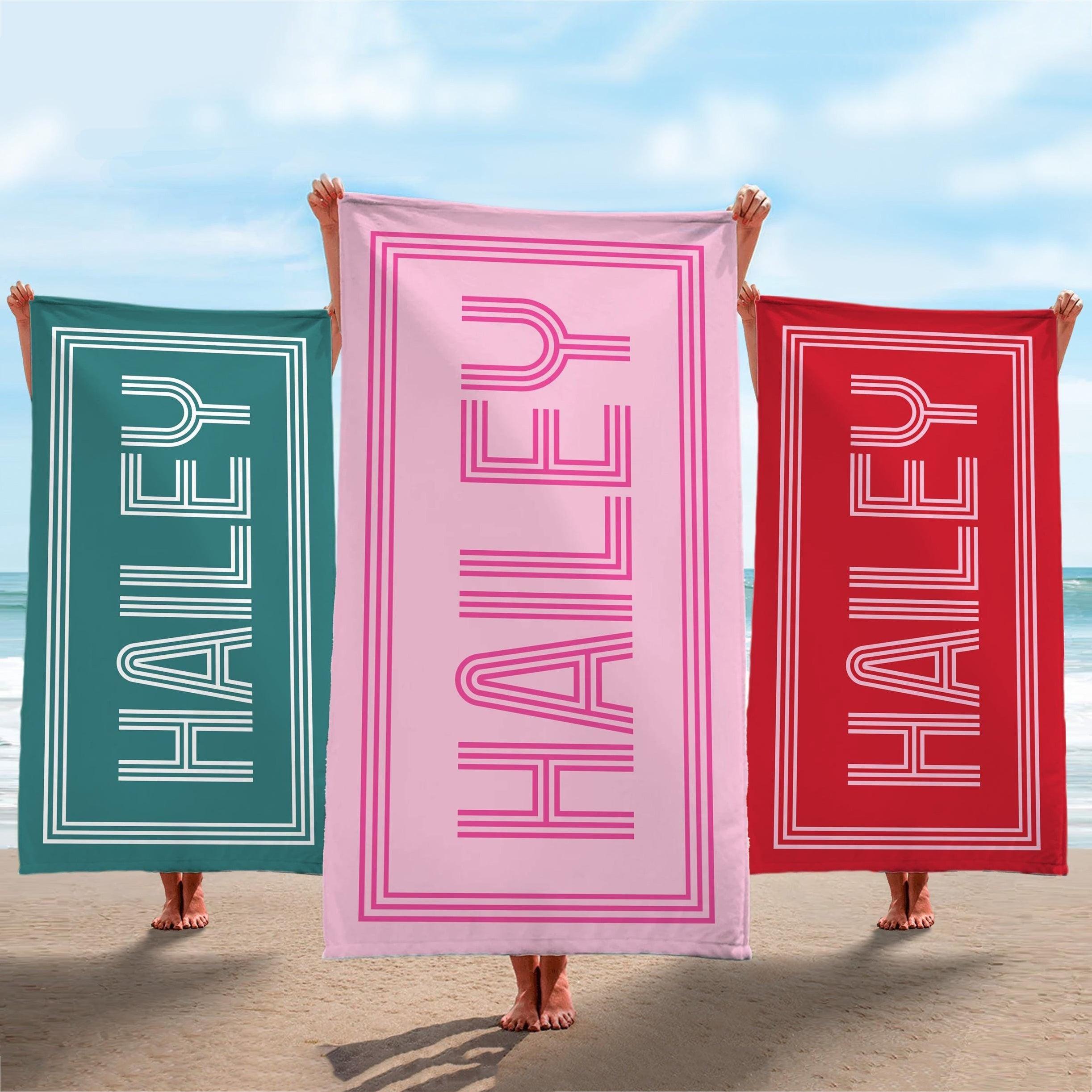 Personalized Retro Name Custom Beach Towel For Women Kids Girls Trip 2026 Preppy Aesthetic Pink Teal Red Microfiber Pool Towels Bridesmaid Gifts Monogrammed Bachelorette Party Favors Summer Travel Beach Vacation Essentials Accessories