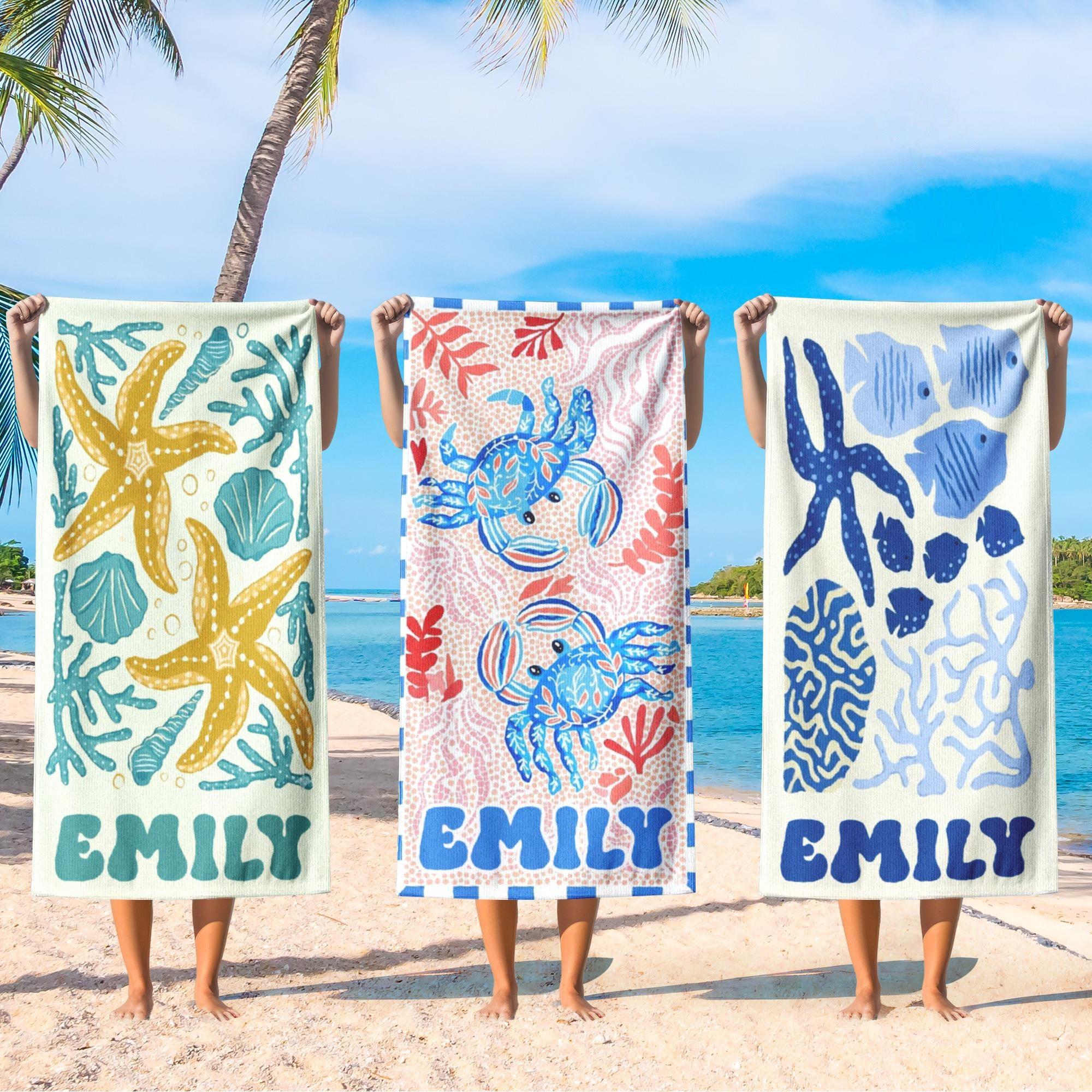 Custom Mermaid Tail Family Matching Beach Towel Personalized Mother & Daughter Gift Set Watercolor Crab Ocean Coastal Aesthetic Blue Pink Microfiber Pool Towels For Girls Women Kids Summer Vacation Beach Accessories Fast Dry Sand Free Swim
