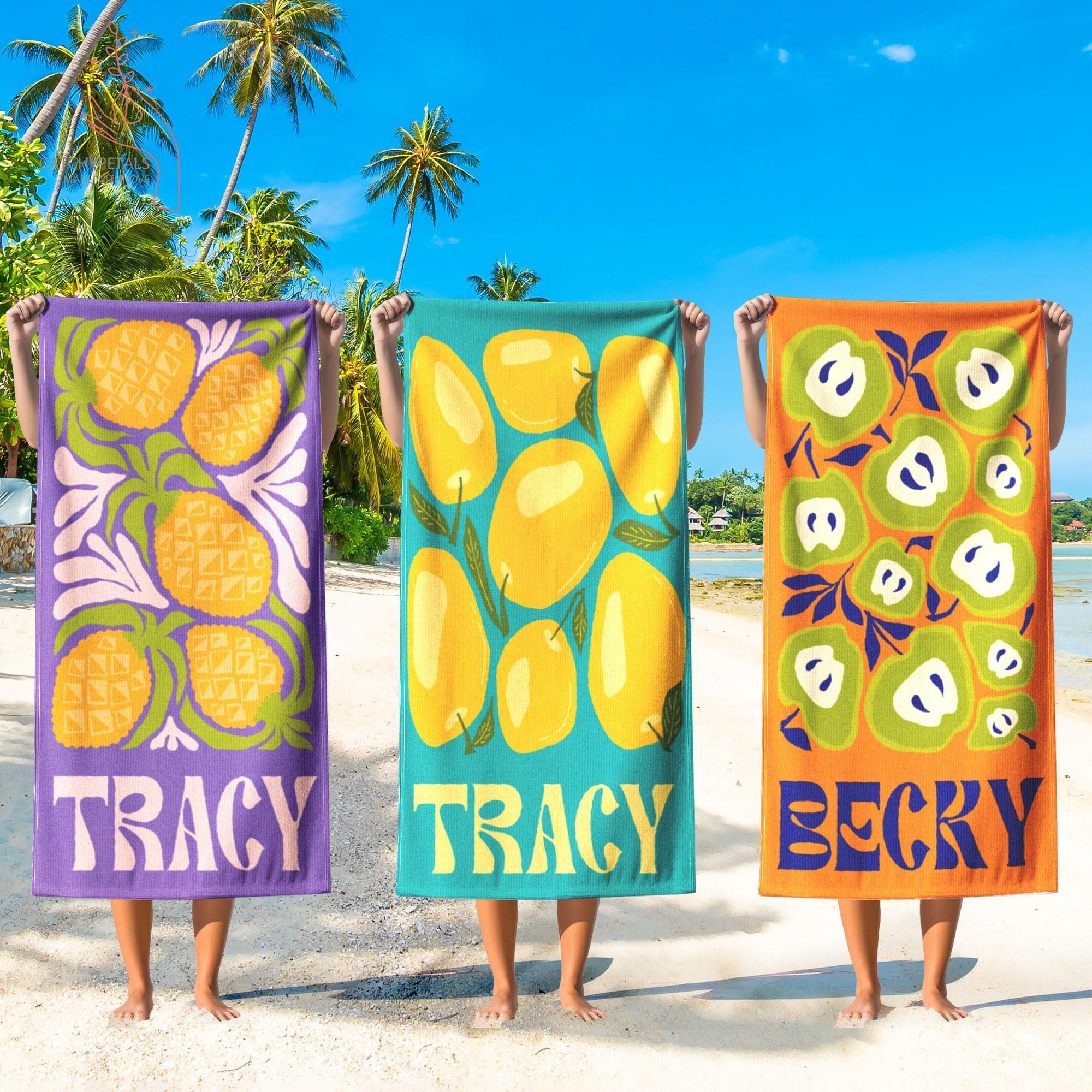 Personalized Retro Fruit Pattern Custom Name Matching Beach Towel For Women Men Groovy Vibes Y2k Funky Aesthetic Summervibes Vibrant Colorful Quick Dry Microfiber Pool Towel Bachelorette Party Vacation Summer Trip Gift Large Sand Free