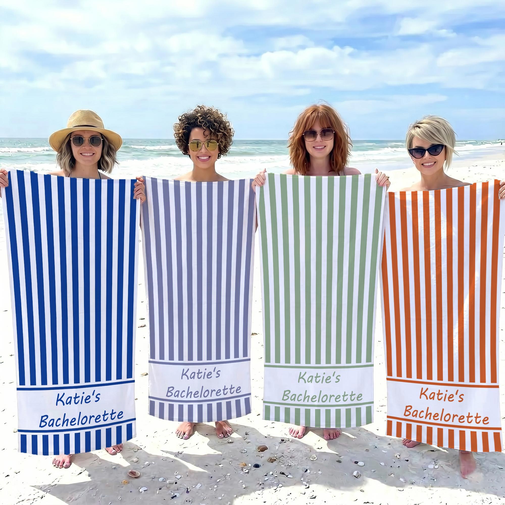 Custom Name Striped Beach Towel For Women Bride And Bridesmaids Preppy Coastal Cabana Blue And White Pool Towel Vacation Gift Personalized Color Bachelorette Party Favors Summer Beach Girls Trip Accessories Decor