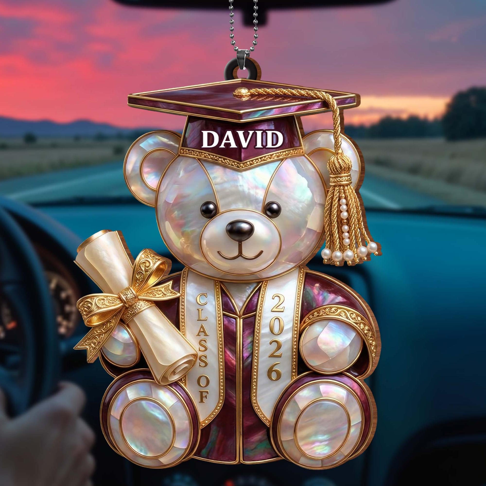 Personalized Class Of Graduation Bear Acrylic Ornament, Pearlescent Maroon-Gold Faux Stained Glass Keepsake, Graduation Gift Ideas For High School Seniors With Custom Name & Year, Car Rearview Mirror Charm