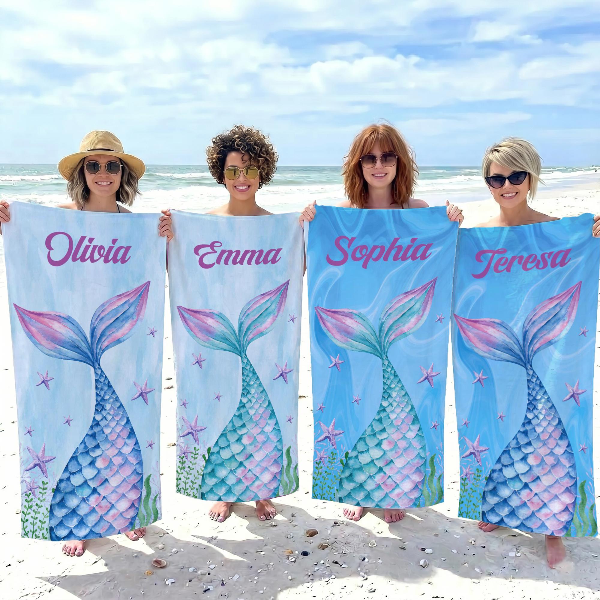 Custom Mermaid Tail Beach Matching Towel Personalized Girl Squad Mother & Daughter Matching Gift Set Watercolor Mermaidcore Ocean Coastal Aesthetic Blue Pink Microfiber Pool Towels For Women Kids Summer Vacation Beach Accessories Fast Dry Sand