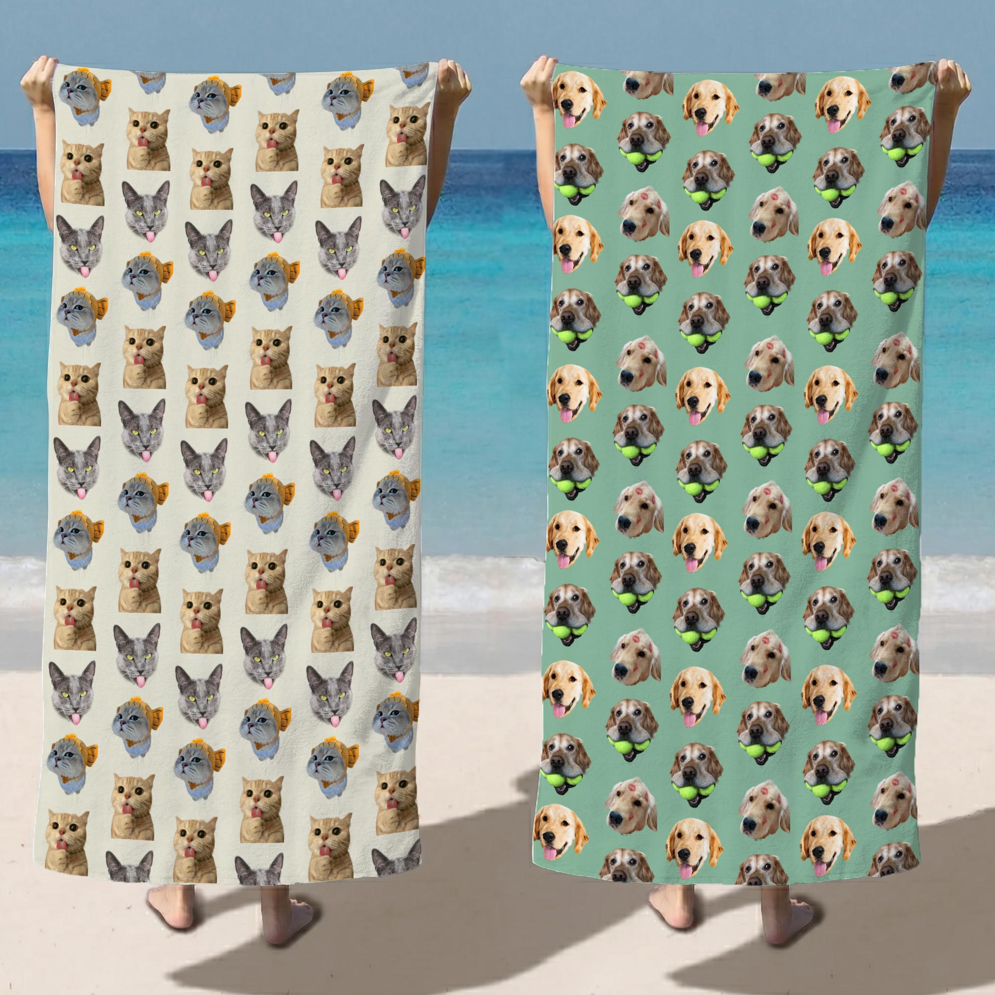 Custom Pet Face Pattern Beach Towel For Dog Moms Preppy Aesthetic Sage Green Microfiber Personalized Puppy Portrait Pool Blanket Summer Vacation Essentials Funny Personalized Gift For Animal Lovers Custom Pet Patern Beach Towel
