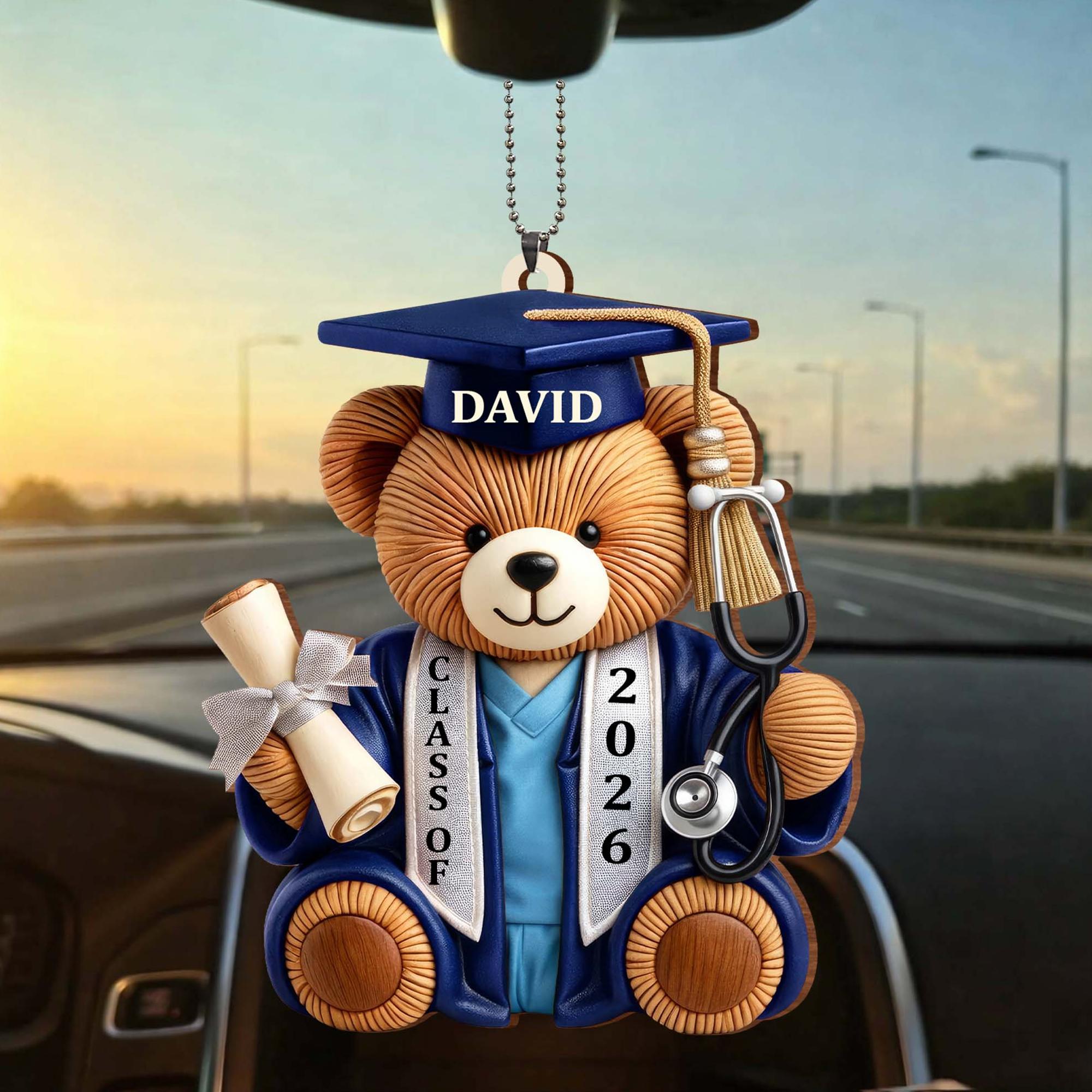 Graduation Bear Ornament - Acrylic Car Rearview Mirror Hanging Decor, Nurse Keychain With Brown Blue Preppy Print, Personalized Rn Bsn Nursing School Grad Gift, Graduation Gift Ideas