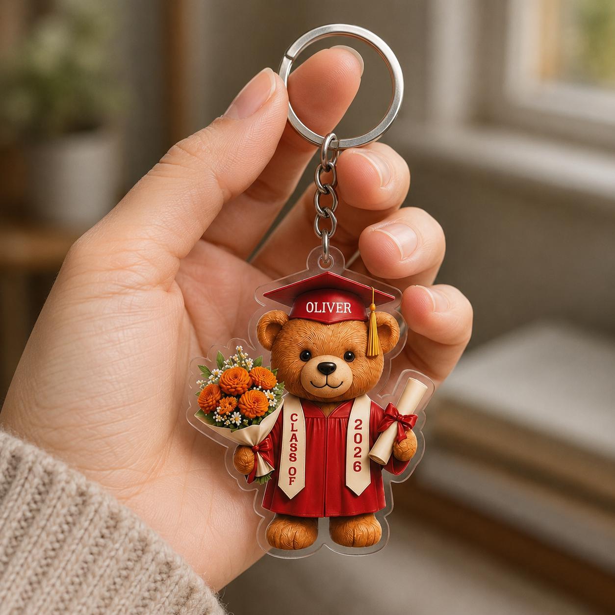 Personalized Graduation Bear Keychain Key Ring Bag Charm Class Of 2026 Students Graduates Cute Preppy Celebratory Purple Gown Silver Metal Acrylic Custom Name Keepsake High School College Grad Gift Diploma Flowers Design, Custom Designs Keychai