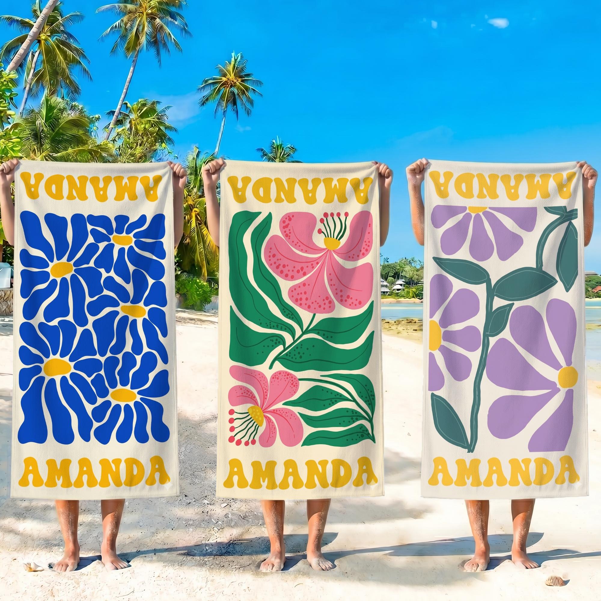 Personalized Retro Floral Team Matching Beach Towel Custom Name Pool Towel For Women Groovy 70s Aesthetic Preppy Boho Soft Microfiber Blue Pink Purple Bachelorette Gift Bach Party Favors Bridesmaid Proposal Girls Trip