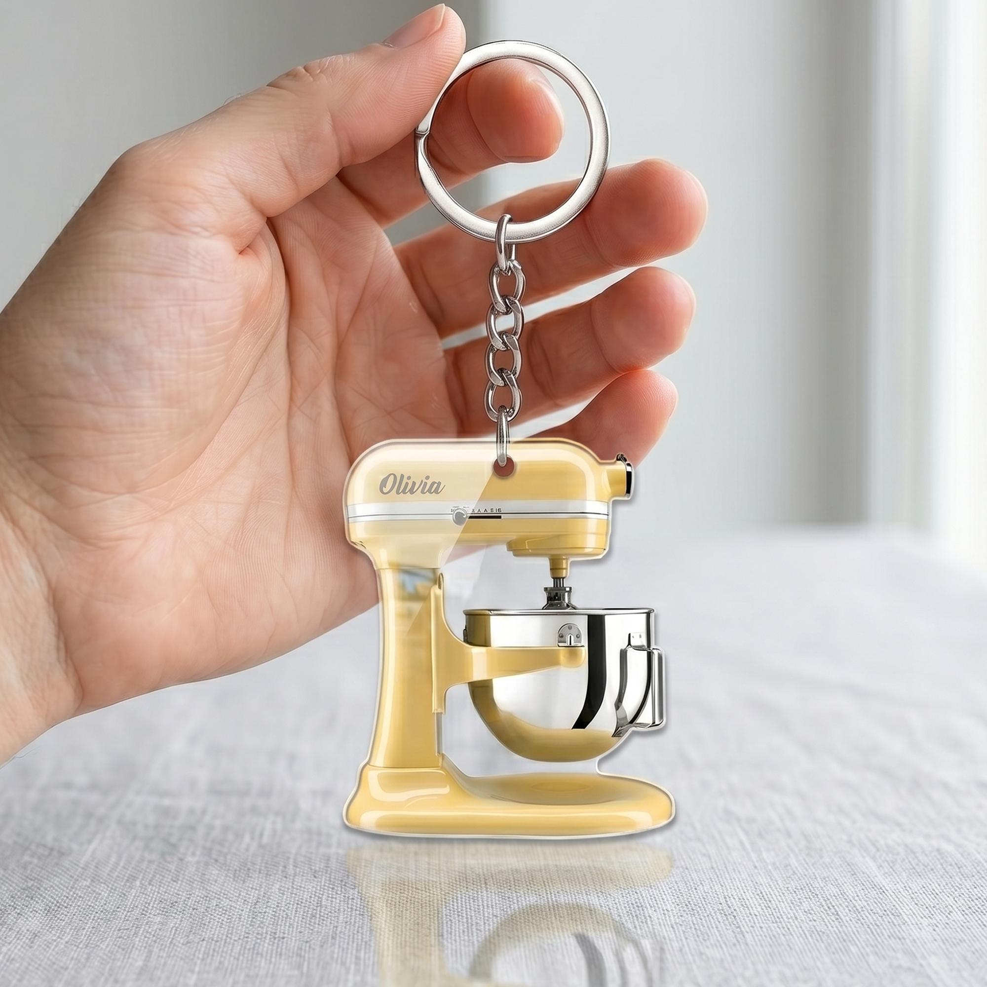 Custom Personalized Stand Mixer Keychain Bag Charm Keyring For Women Bakers Chefs Cute Retro Cottagecore Preppy Aesthetic Pastel Yellow Clear Acrylic Metal Custom Name Mixer Keychain Baker Gift Baking Enthusiast Accessories
