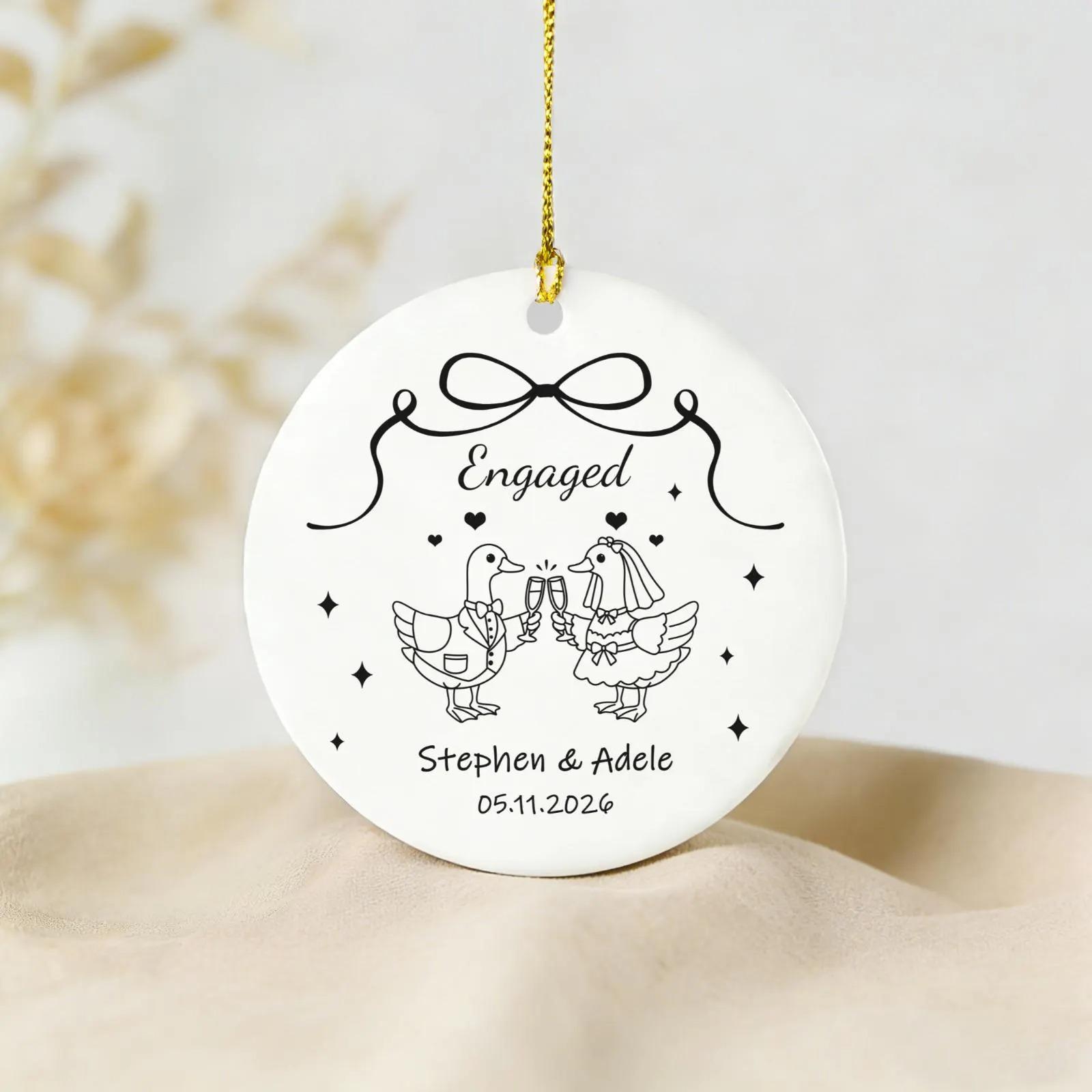 Personalized Ceramic Engaged Goose Ornament Keepsake, Custom Names & Year Bauble With Gold String, Coquette Minimalist Aesthetic Wedding Gift For Newly Engaged Couples, Tree Decoration