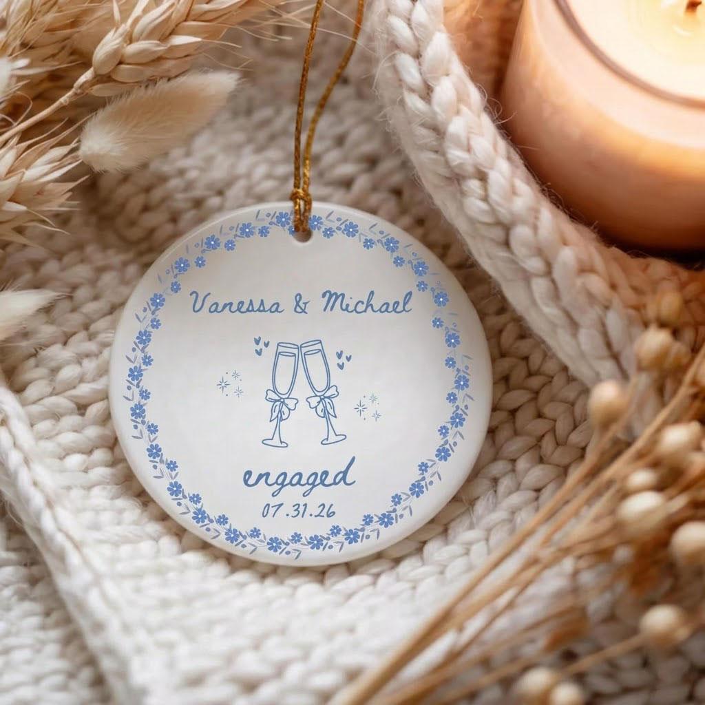 Personalized Round Circle Ornament - Minimalist Glossy Metallic Porcelain Keepsake Bauble With Gold String, Elegant Floral Decor For Newly Engaged Couples, Custom Wedding Gift Idea