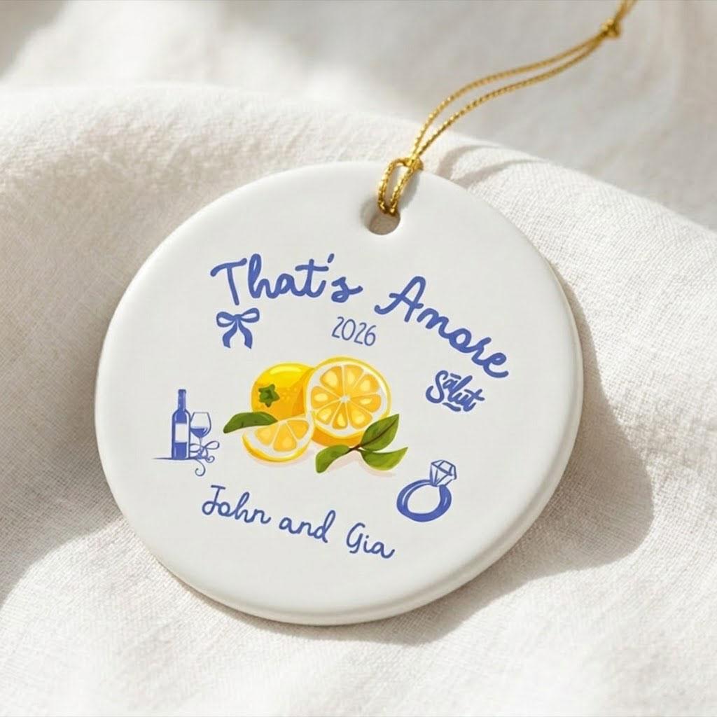 Custom Glossy Round Ceramic Circle Decor - Italian Amalfi Coast Mediterranean Aesthetic Ornament Keepsake, Blue & Yellow Lemons, Personalized Wedding Date, Couple Gift For Engagement Xmas