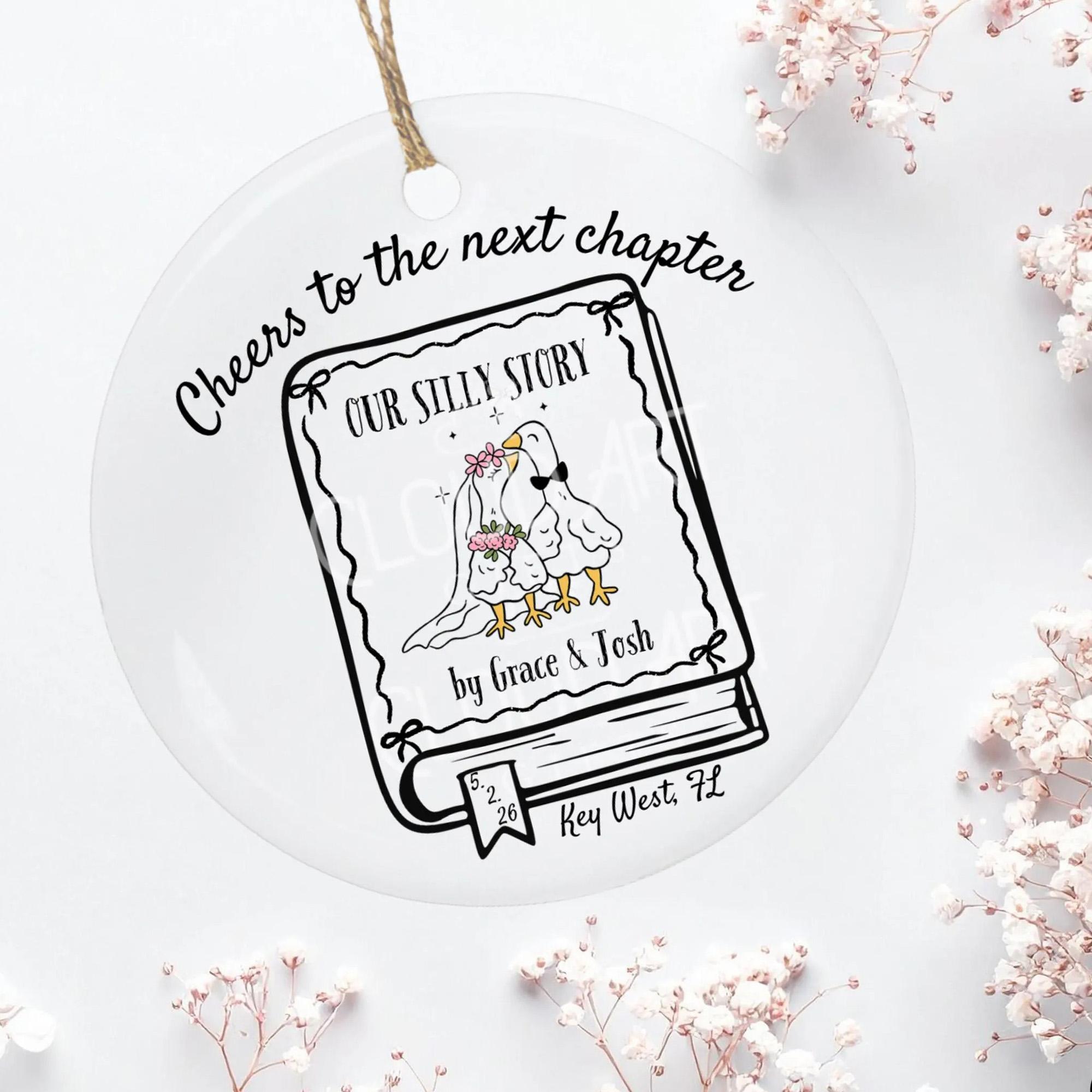 Custom Ceramic Circle Glossy Bookish Wedding Ornament, Round Metallic Keepsake For Engaged Couples, Gold String Decor, Personalized Book Lover Gift For Wedding Engagement Parties