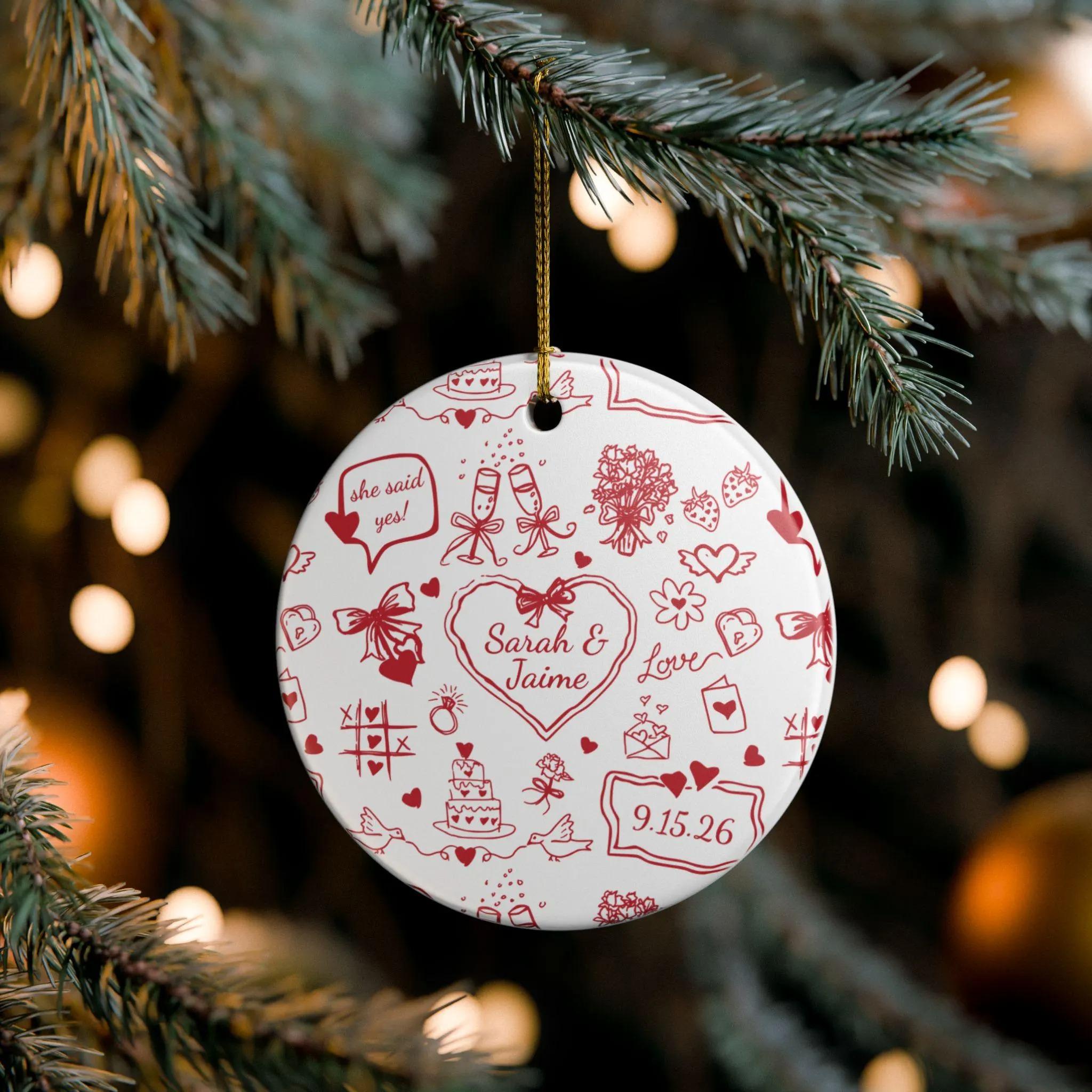 Personalized Ceramic Keepsake Ornament, Hand-Drawn Doodle Coquette Aesthetic, Red & White With Gold String, Custom Names & Date, Romantic Engagement/Wedding Gift For Couples