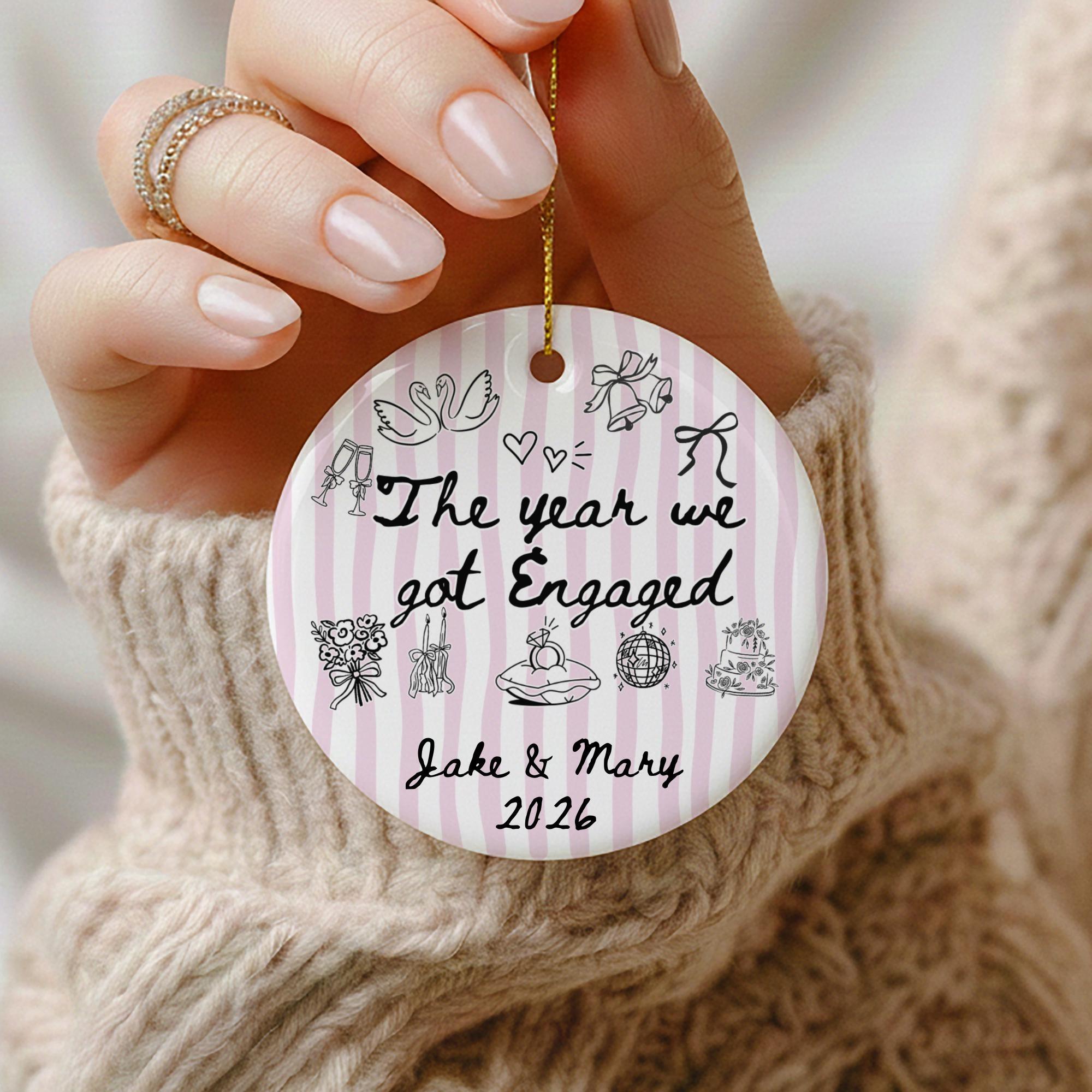 Custom Round Ceramic Ornament - Circle, Glossy, Metallic Decor, Sage Striped, Minimalist Keepsake For Couples, Wedding & Engagement Gift Idea
