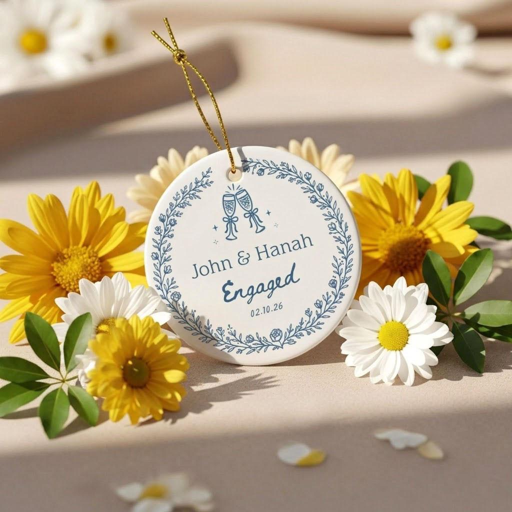 Personalized Glossy Round Metallic Ceramic Circle Ornament, Custom Name Bauble For Engaged Couples, Elegant Blue Chinoiserie Floral Wedding Keepsake & Bridal Shower Present