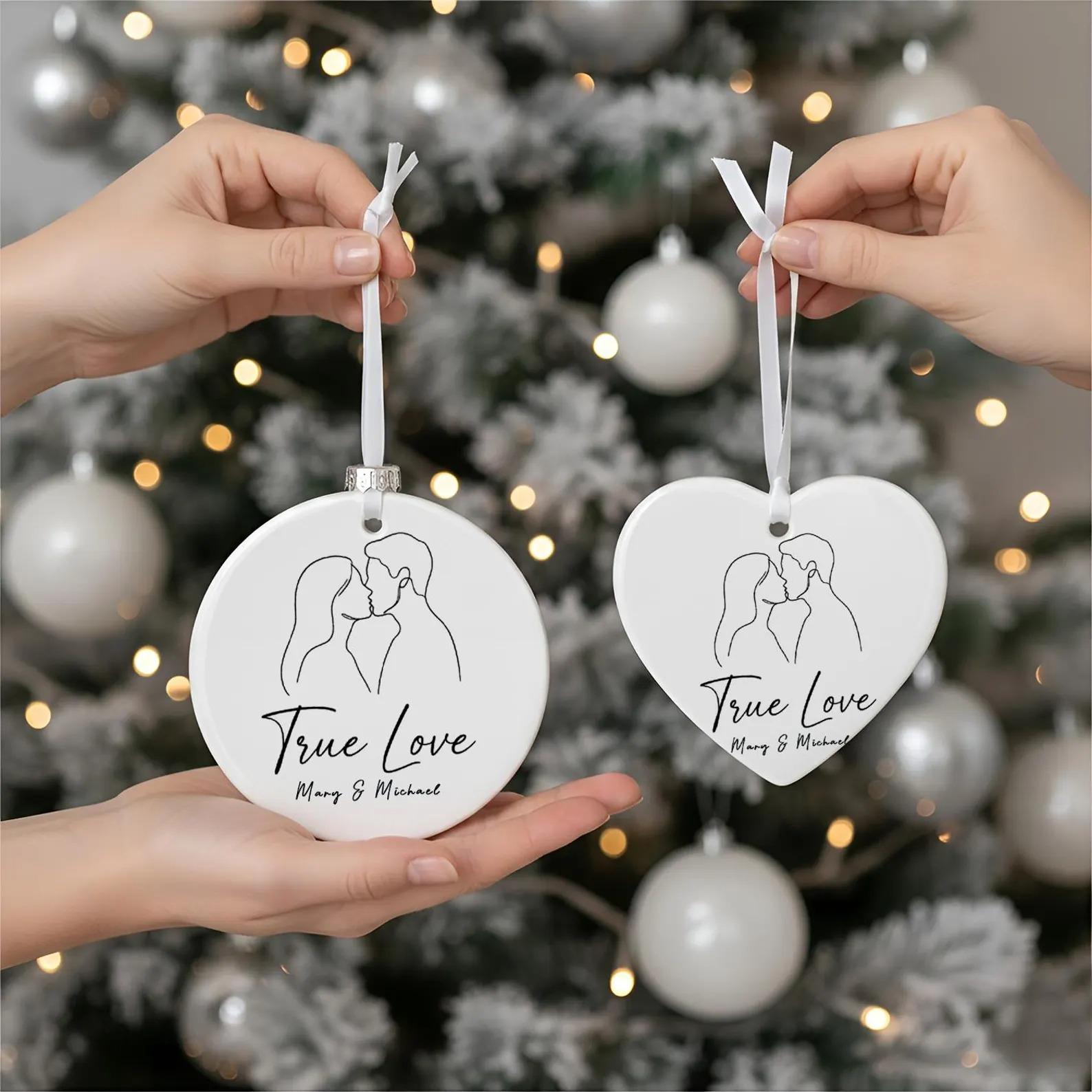 Personalized Ceramic Circle Glossy Metallic Round Heart-Shaped Christmas Tree Ornament, Minimalist Line Art Aesthetic With Gold String, Custom Name Keepsake For Couples, True Love Wedding Gift