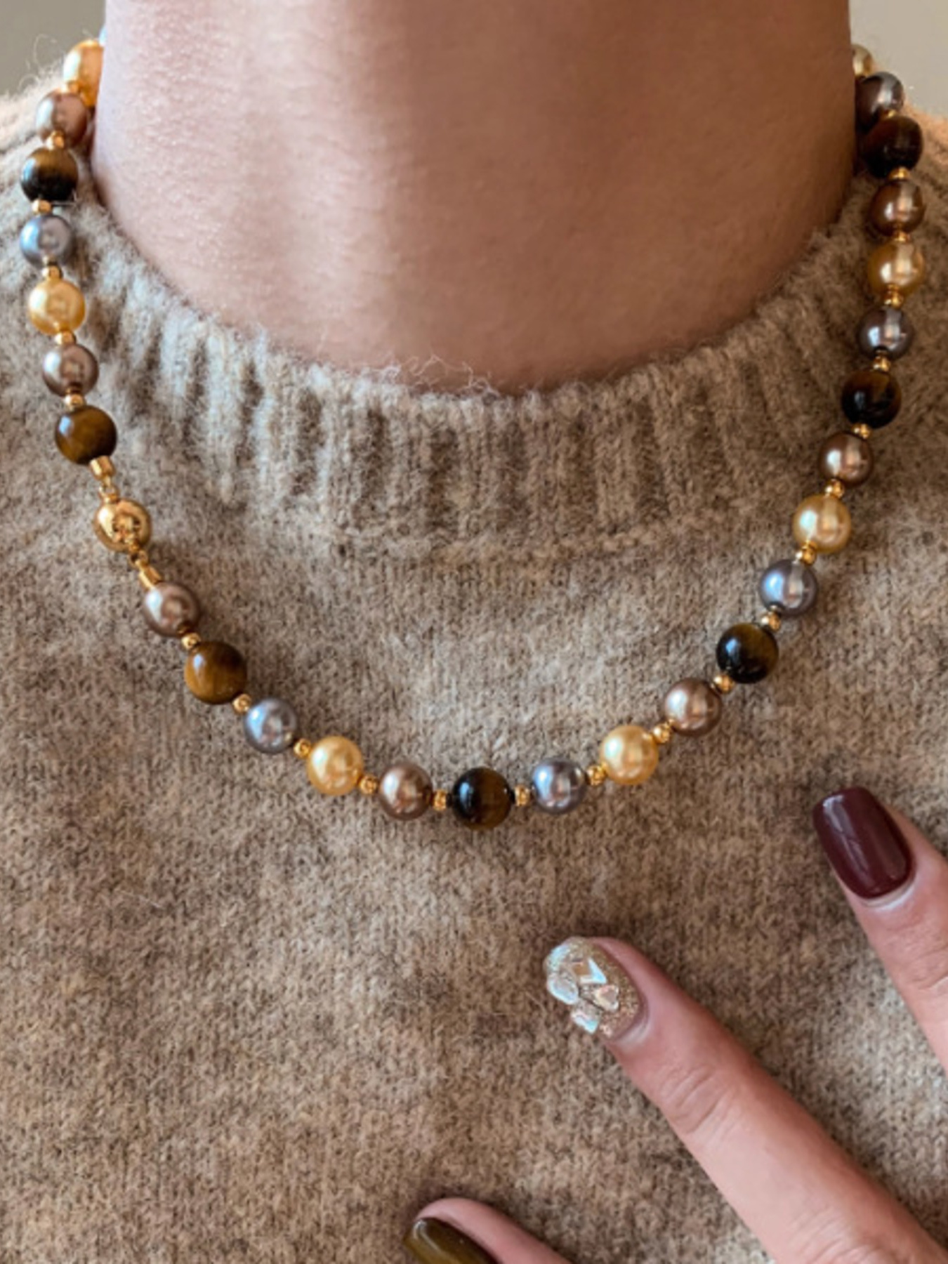 Tiger Eye & Pearl Beaded Necklace