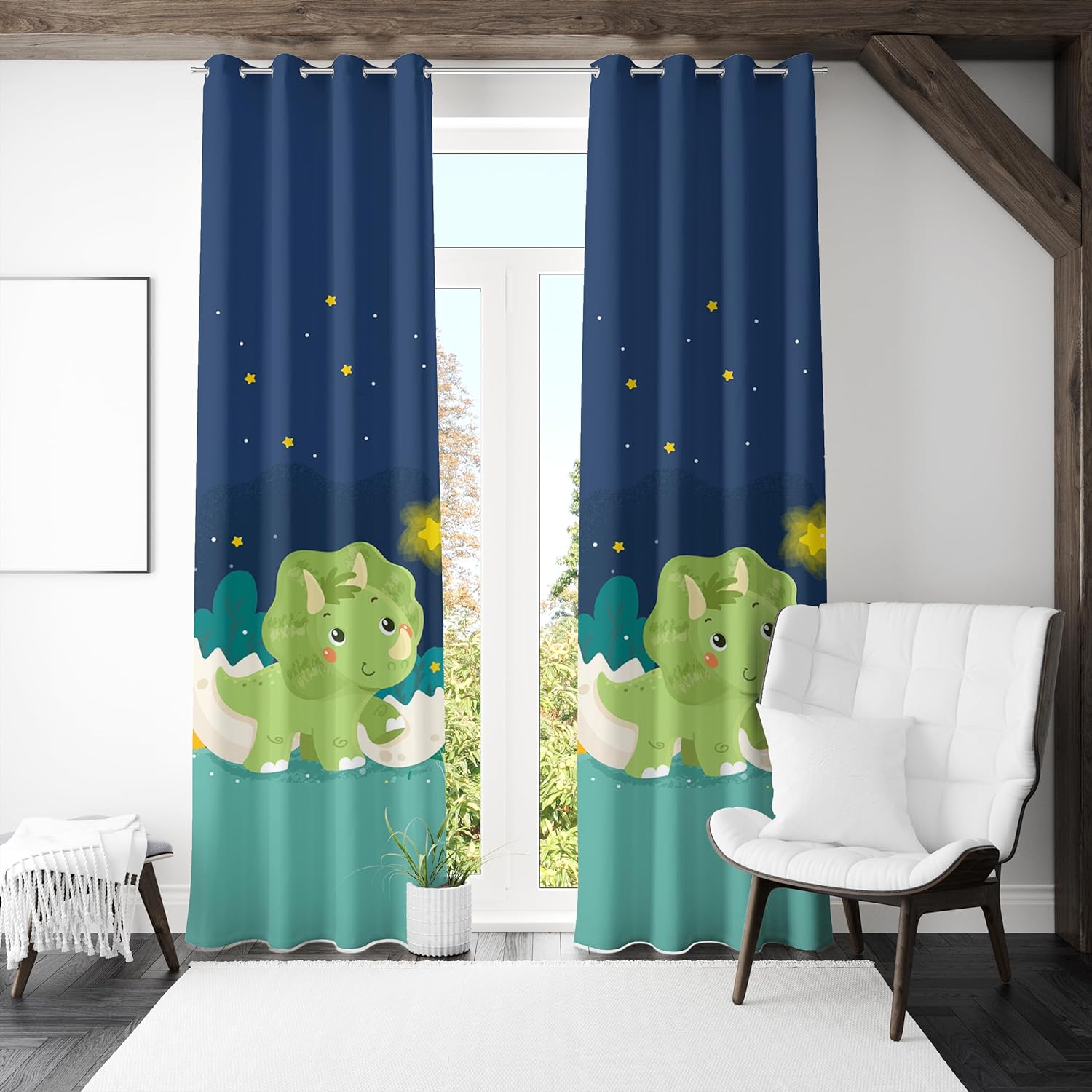 Baby Triceratops & Starry Night Premium Printed Velvet Curtains