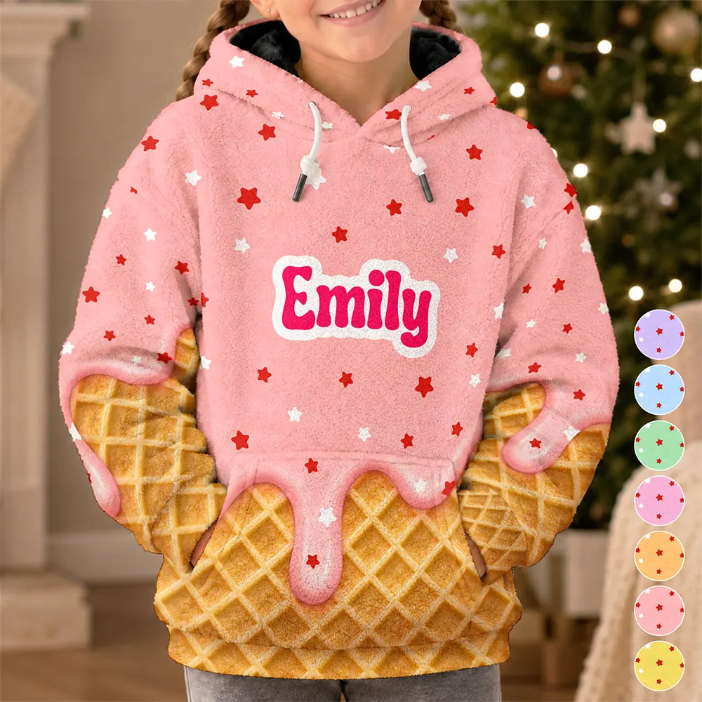3d Effect Dripping Ice Cream Cute Outfit For Kids - Personalized Fleece Hoodie