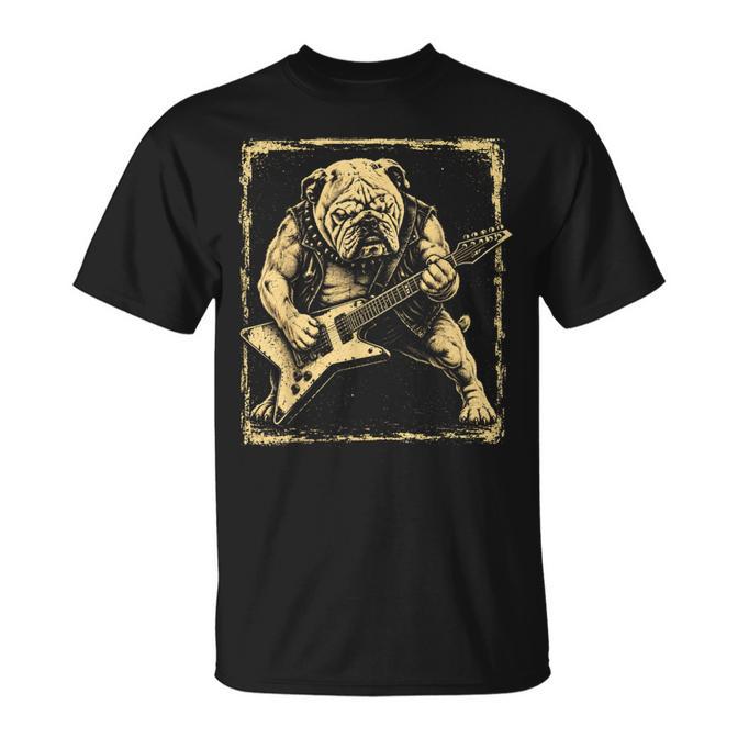 Bulldog Dog Playing Guitar Rock Punk Vintage T-Shirt
