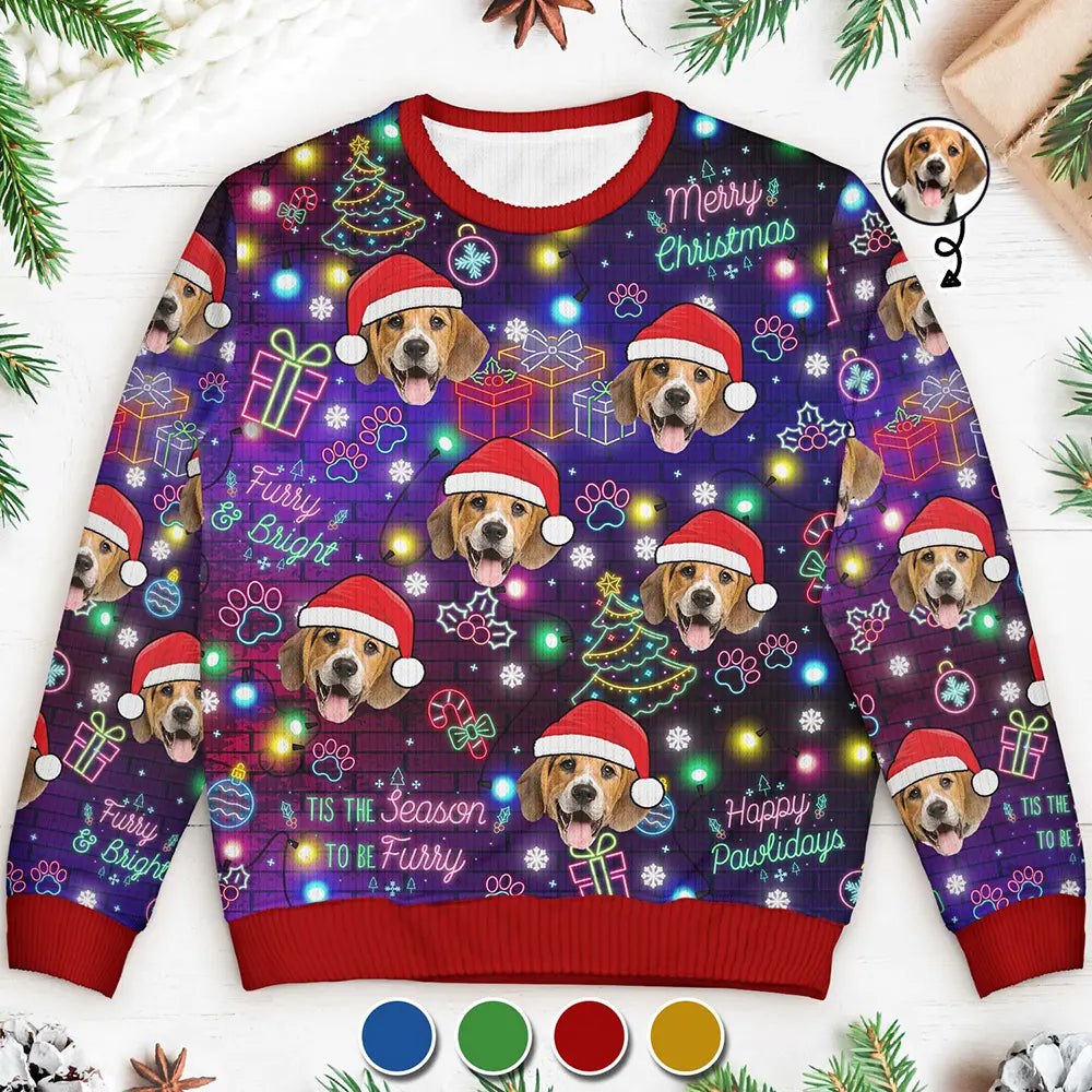 Custom Photo Christmas Dog Cat Neon Light Style - Personalized Unisex Ugly Sweater