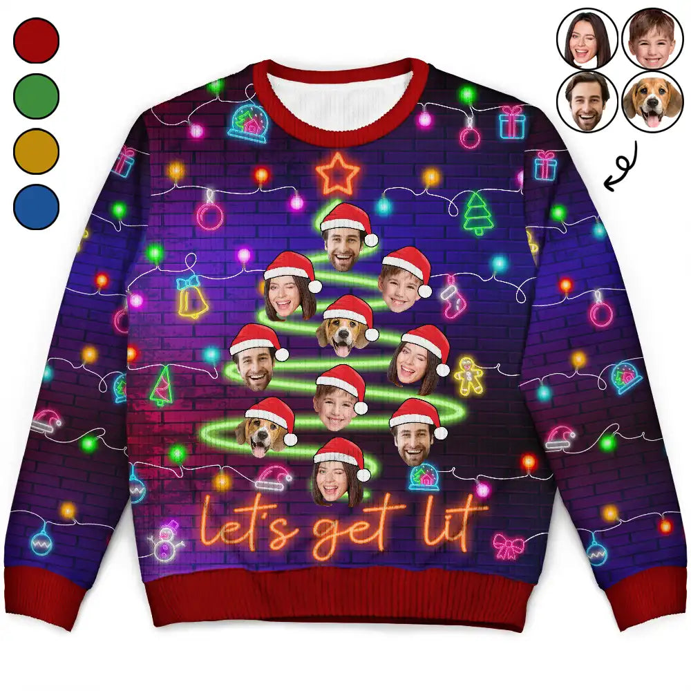 Custom Photo Funny Family Face Let'S Get Lit Neon Christmas Light Style - Personalized Unisex Ugly Sweater