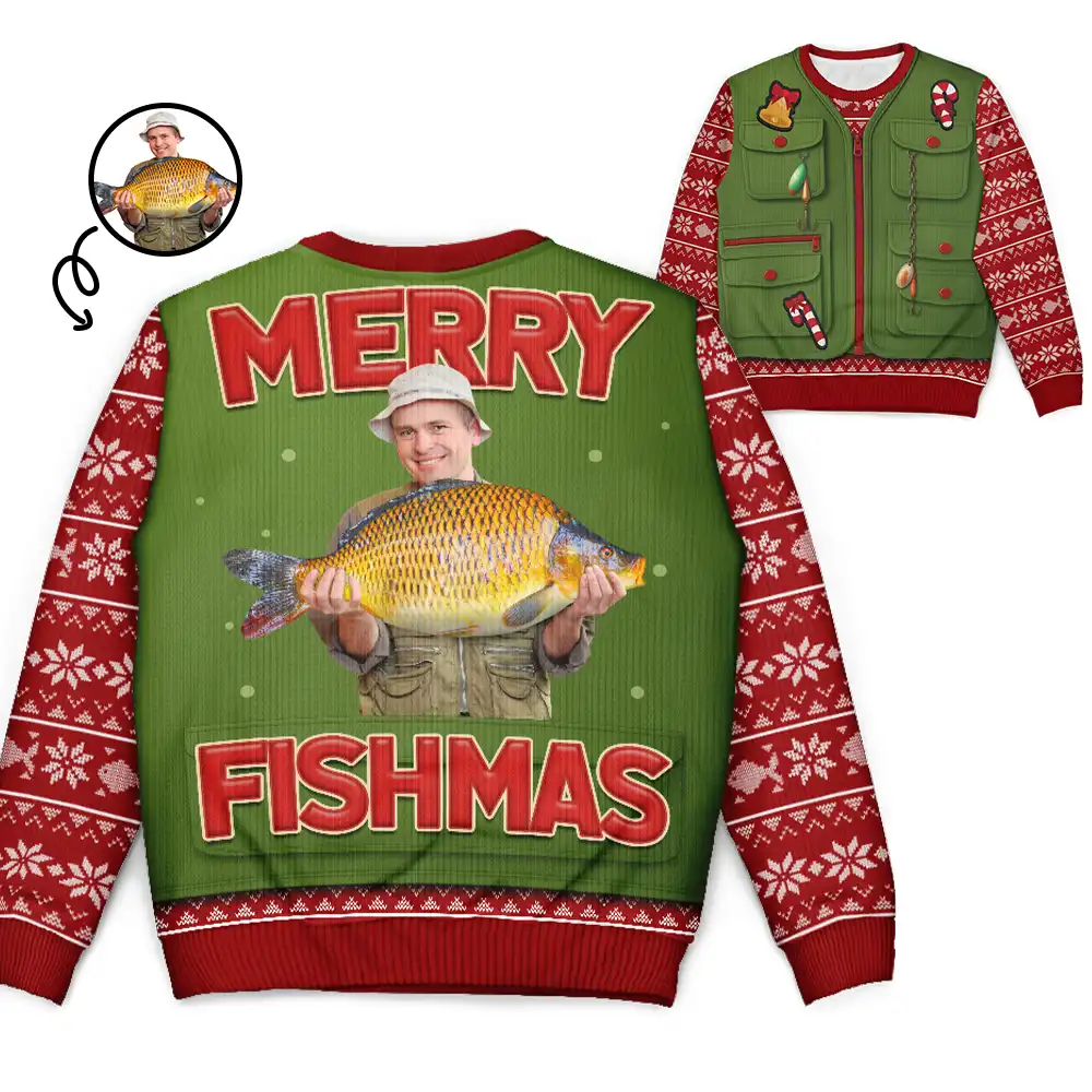 Custom Photo Merry Fishmas 3d Effect - Personalized Unisex Ugly Sweater