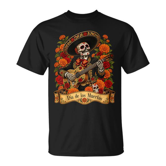 Dia De Los Muertos Sugar Skull Floral Skeleton Guitar Men T-Shirt