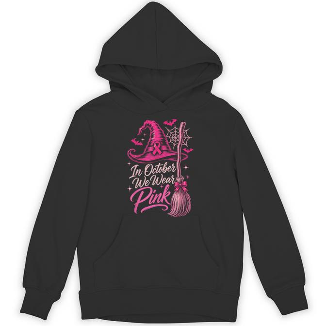 In October We Wear Pink Witch Hat Breast Cancer Halloween Hoodie