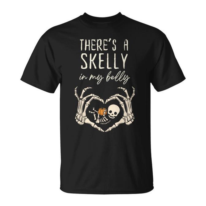 Retro Skeleton There'S Skelly In My Belly Pregnant Halloween T-Shirt