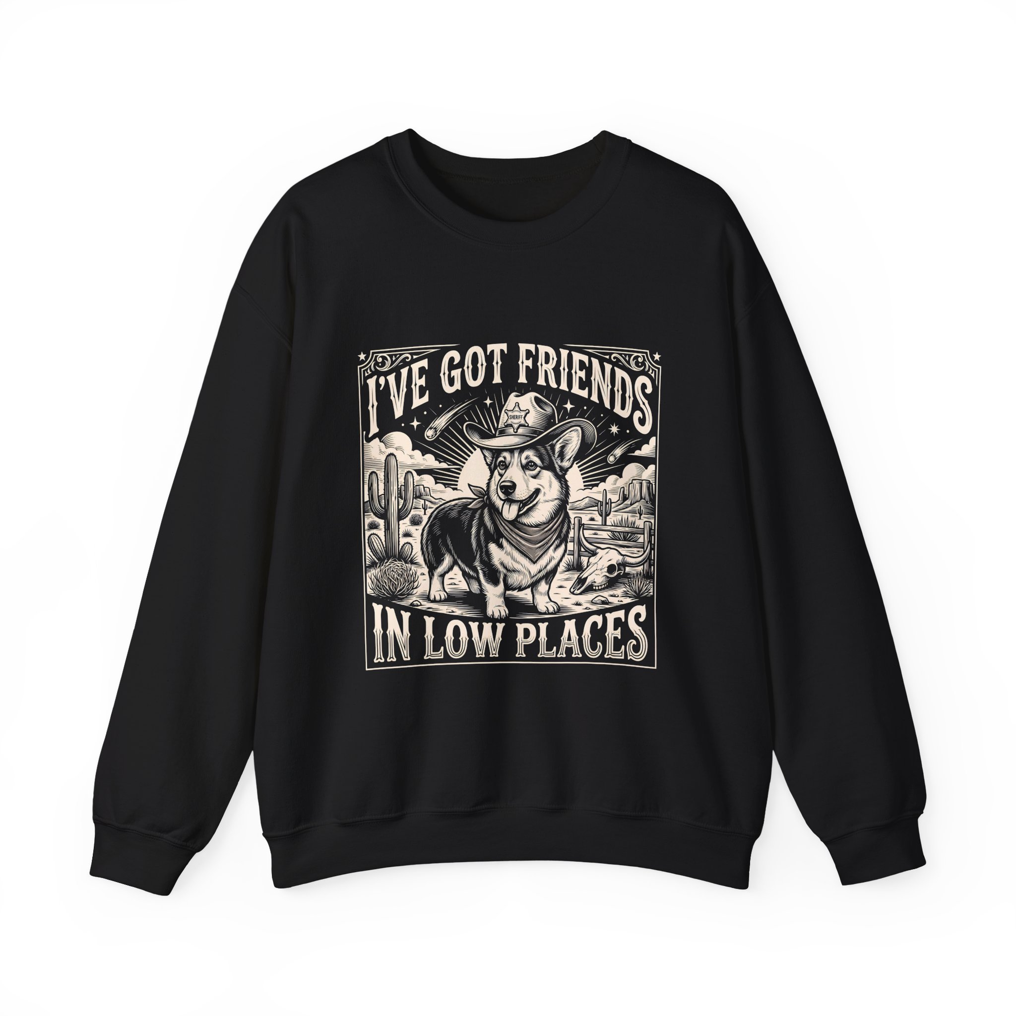 Western Corgi Cowboy Sweatshirt, Desert Cactus Black Graphic Crewneck