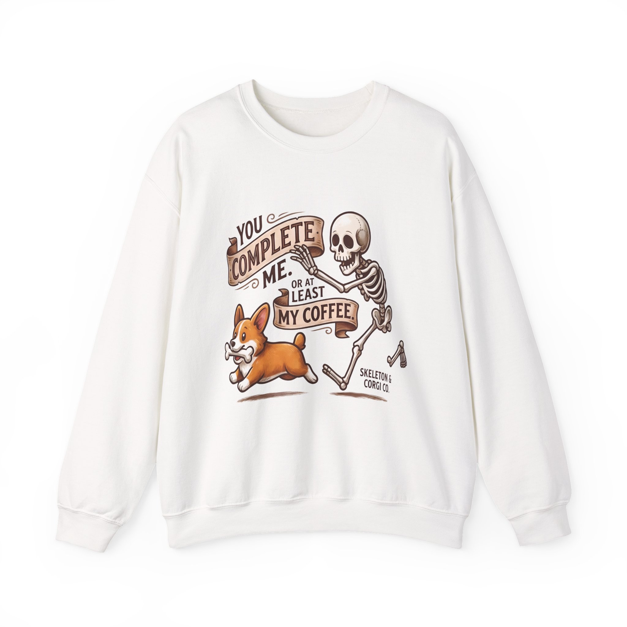 You Complete Me Corgi Sweatshirt, Skeleton Coffee Halloween Crewneck